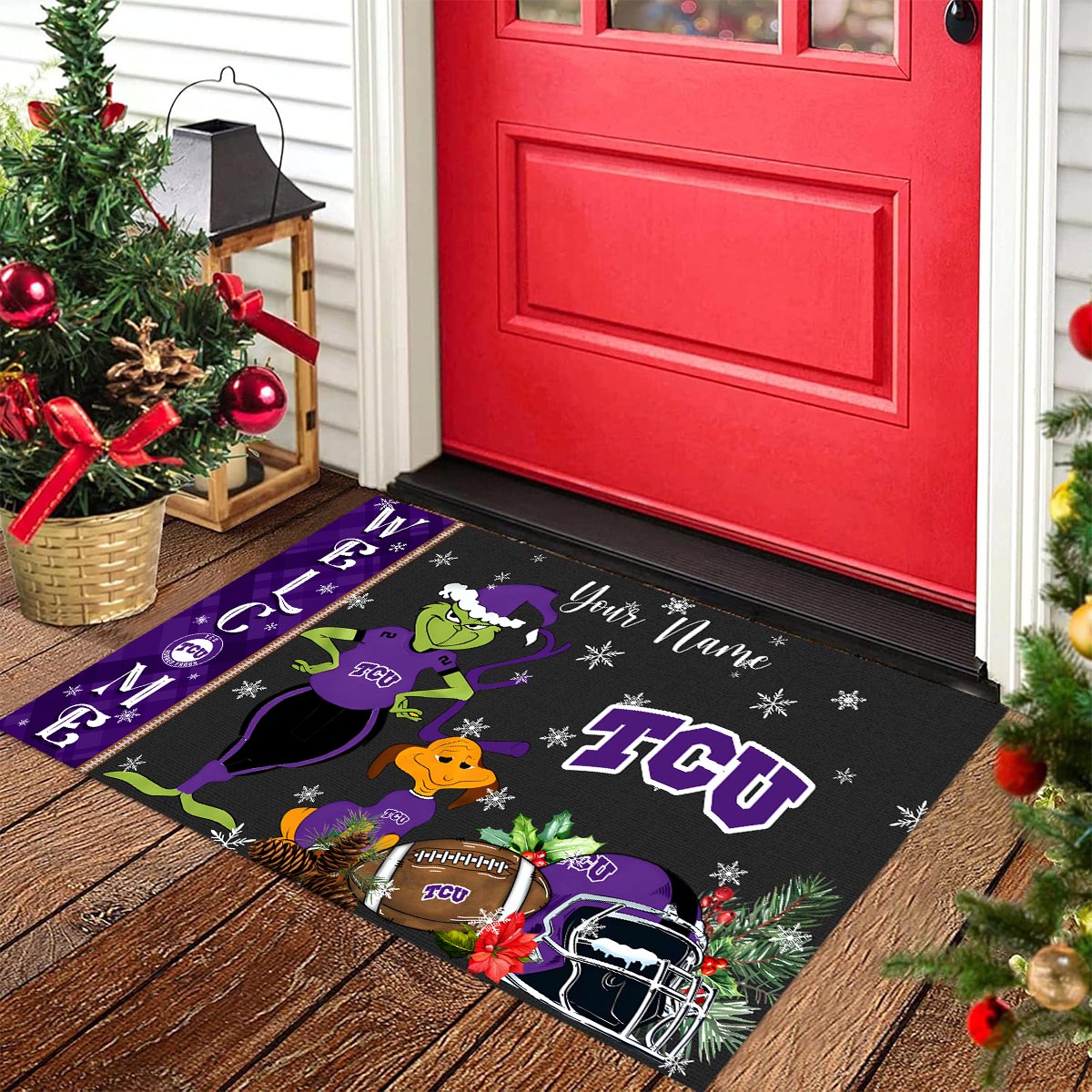 TCU Horned Frogs Grinch Christmas Welcome Football Doormat - Famjoys TCU Horned Frogs Grinch Christmas Welcome Football Doormat - Famjoys