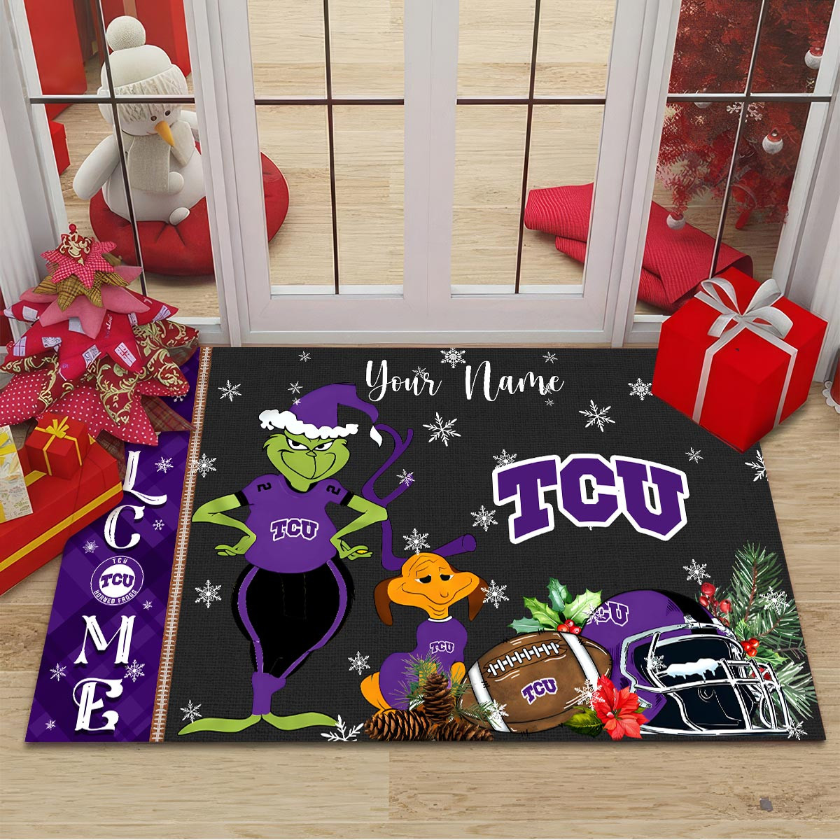 TCU Horned Frogs Grinch Christmas Welcome Football Doormat - Famjoys TCU Horned Frogs Grinch Christmas Welcome Football Doormat - Famjoys