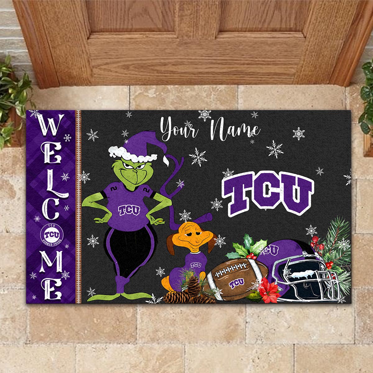 TCU Horned Frogs Grinch Christmas Welcome Football Doormat - Famjoys TCU Horned Frogs Grinch Christmas Welcome Football Doormat - Famjoys