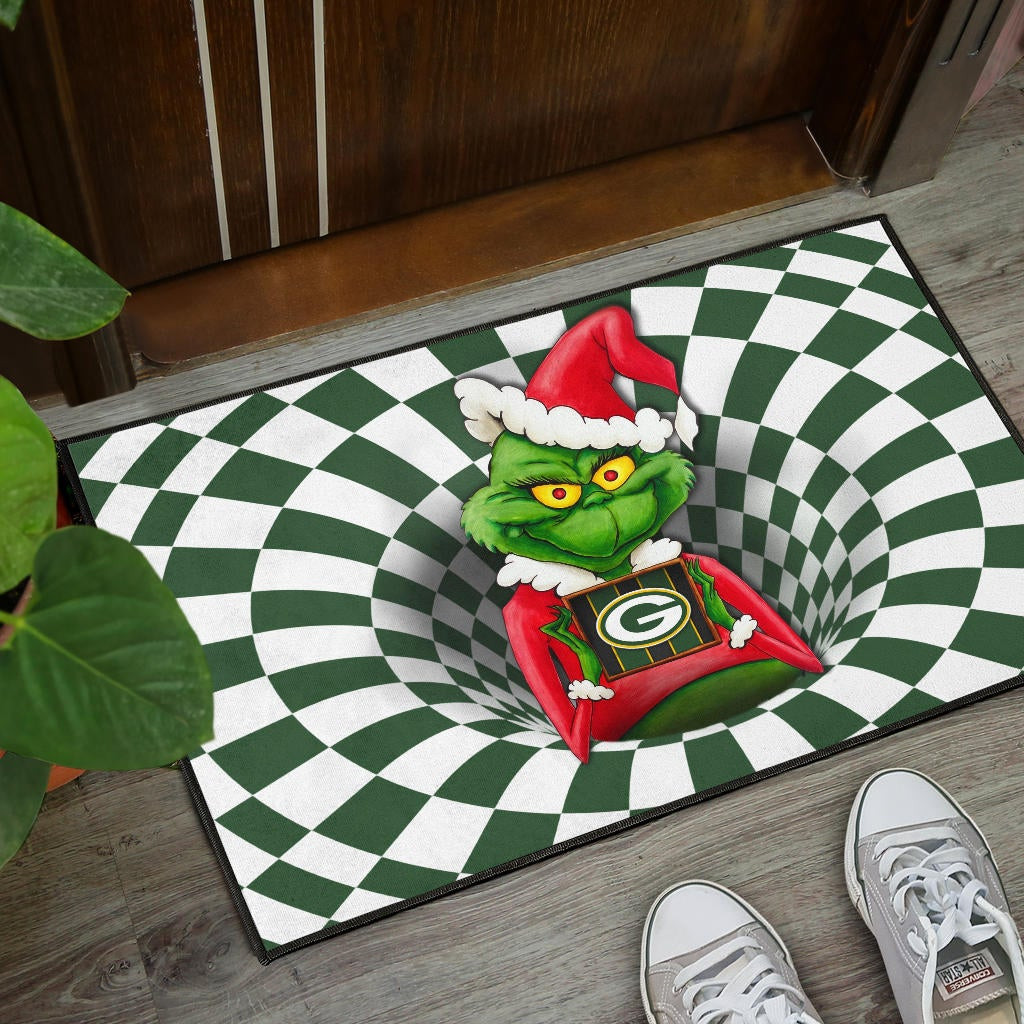 Team Door Mat | Grinch Wearing Santa Clothes Holding Green Bay Parker Door Mat - Famjoys Team Door Mat | Grinch Wearing Santa Clothes Holding Green Bay Parker Door Mat - Famjoys