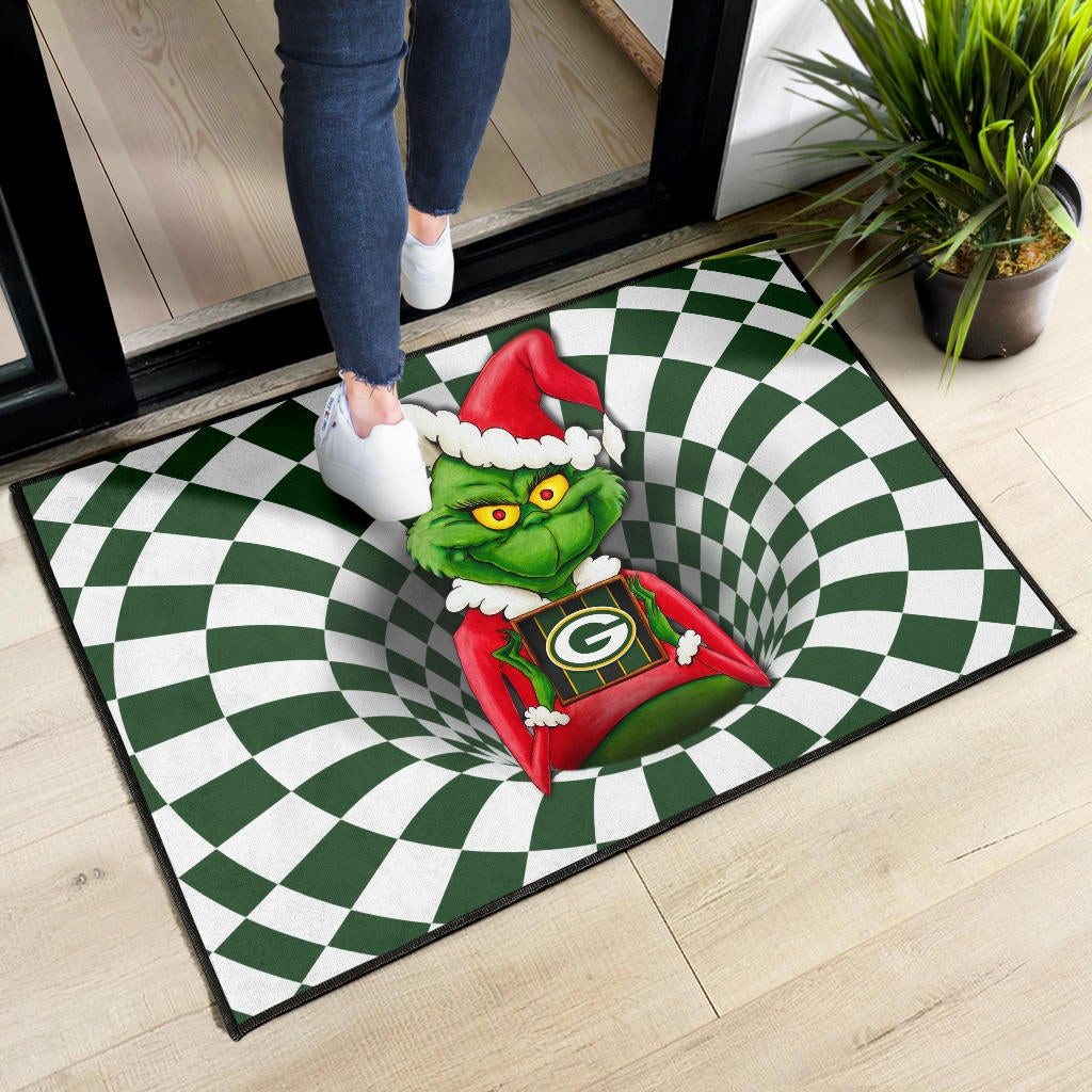 Team Door Mat | Grinch Wearing Santa Clothes Holding Green Bay Parker Door Mat - Famjoys Team Door Mat | Grinch Wearing Santa Clothes Holding Green Bay Parker Door Mat - Famjoys
