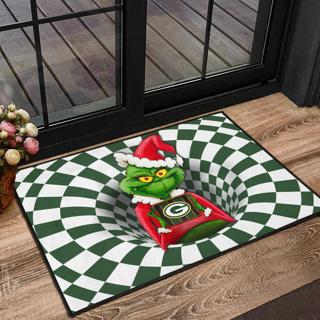 Team Door Mat | Grinch Wearing Santa Clothes Holding Green Bay Parker Door Mat - Famjoys Team Door Mat | Grinch Wearing Santa Clothes Holding Green Bay Parker Door Mat - Famjoys