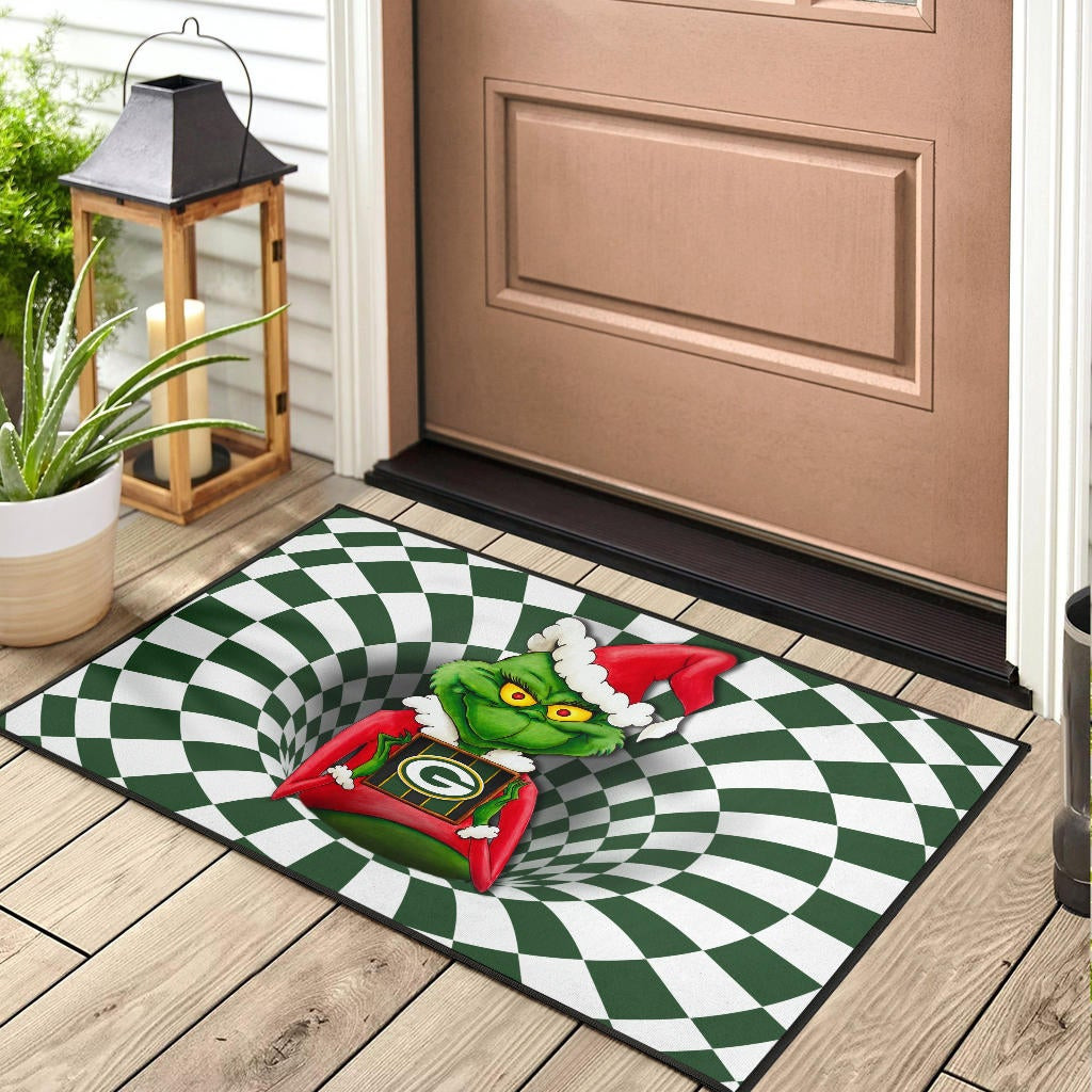 Team Door Mat | Grinch Wearing Santa Clothes Holding Green Bay Parker Door Mat - Famjoys Team Door Mat | Grinch Wearing Santa Clothes Holding Green Bay Parker Door Mat - Famjoys