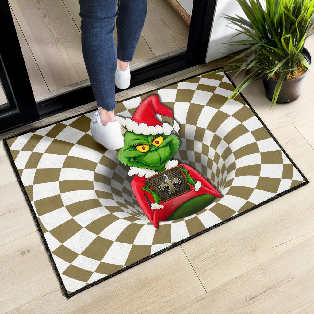 Team Door Mat | Grinch Wearing Santa Clothes Holding New Orleans Door Mat - Famjoys Team Door Mat | Grinch Wearing Santa Clothes Holding New Orleans Door Mat - Famjoys