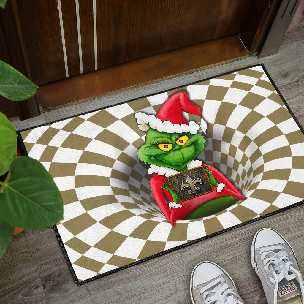 Team Door Mat | Grinch Wearing Santa Clothes Holding New Orleans Door Mat - Famjoys Team Door Mat | Grinch Wearing Santa Clothes Holding New Orleans Door Mat - Famjoys