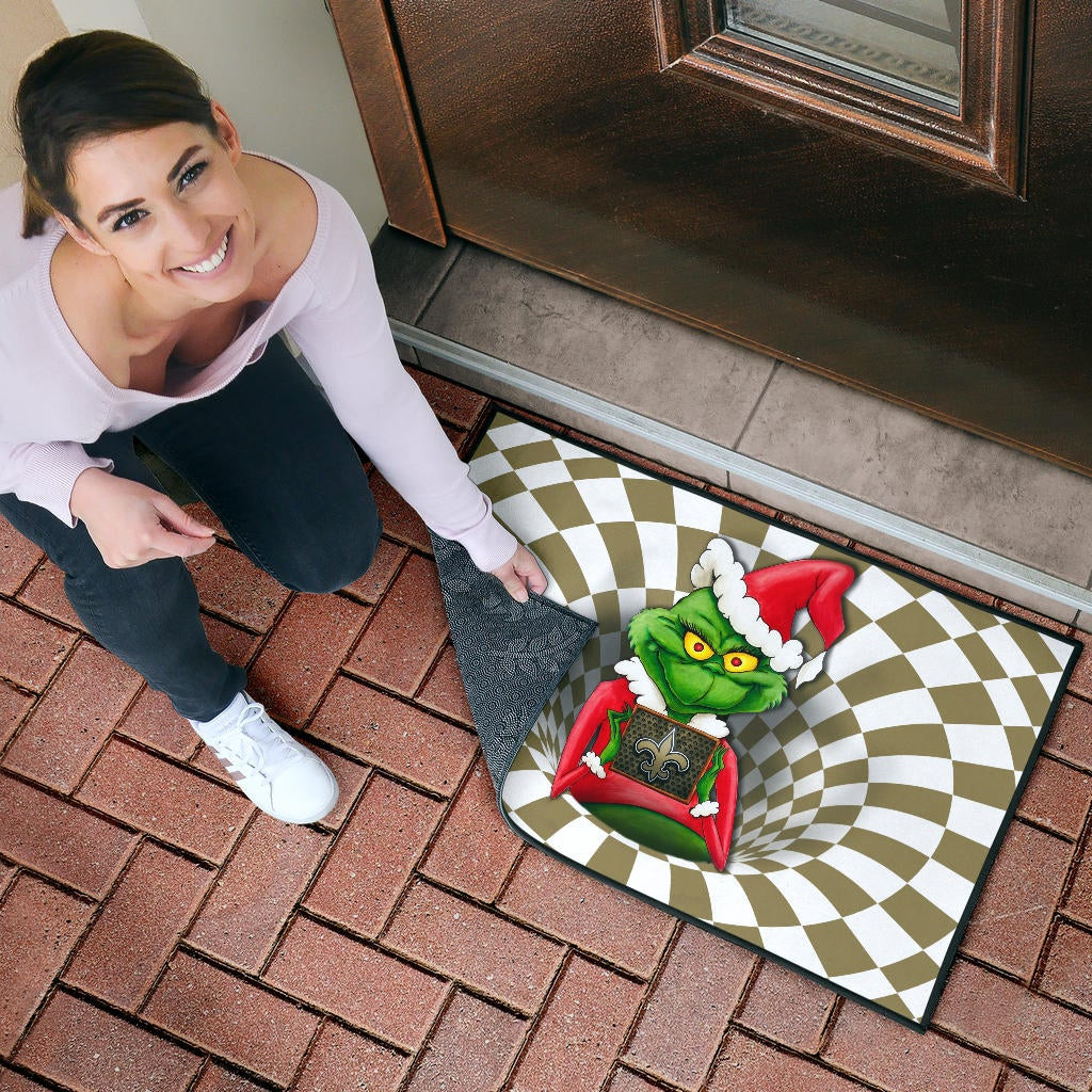 Team Door Mat | Grinch Wearing Santa Clothes Holding New Orleans Door Mat - Famjoys Team Door Mat | Grinch Wearing Santa Clothes Holding New Orleans Door Mat - Famjoys
