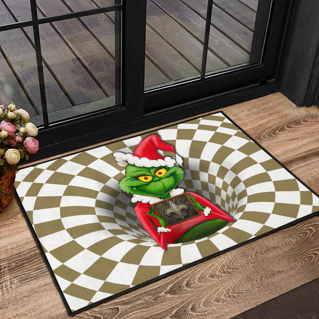 Team Door Mat | Grinch Wearing Santa Clothes Holding New Orleans Door Mat - Famjoys Team Door Mat | Grinch Wearing Santa Clothes Holding New Orleans Door Mat - Famjoys