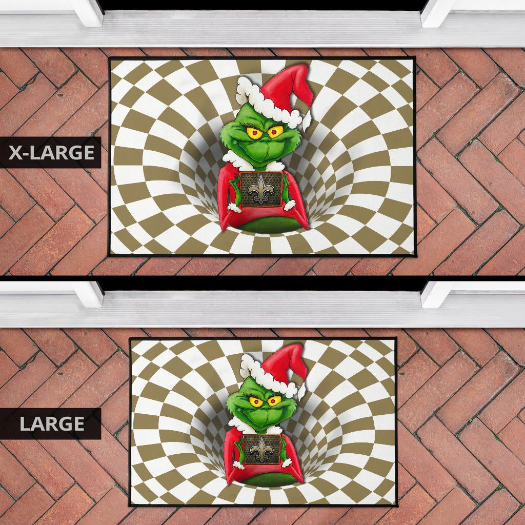 Team Door Mat | Grinch Wearing Santa Clothes Holding New Orleans Door Mat - Famjoys Team Door Mat | Grinch Wearing Santa Clothes Holding New Orleans Door Mat - Famjoys