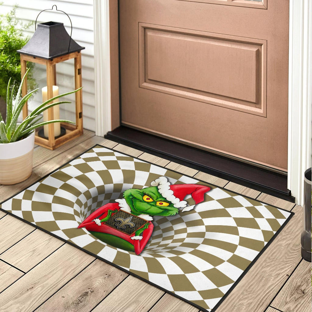 Team Door Mat | Grinch Wearing Santa Clothes Holding New Orleans Door Mat - Famjoys Team Door Mat | Grinch Wearing Santa Clothes Holding New Orleans Door Mat - Famjoys