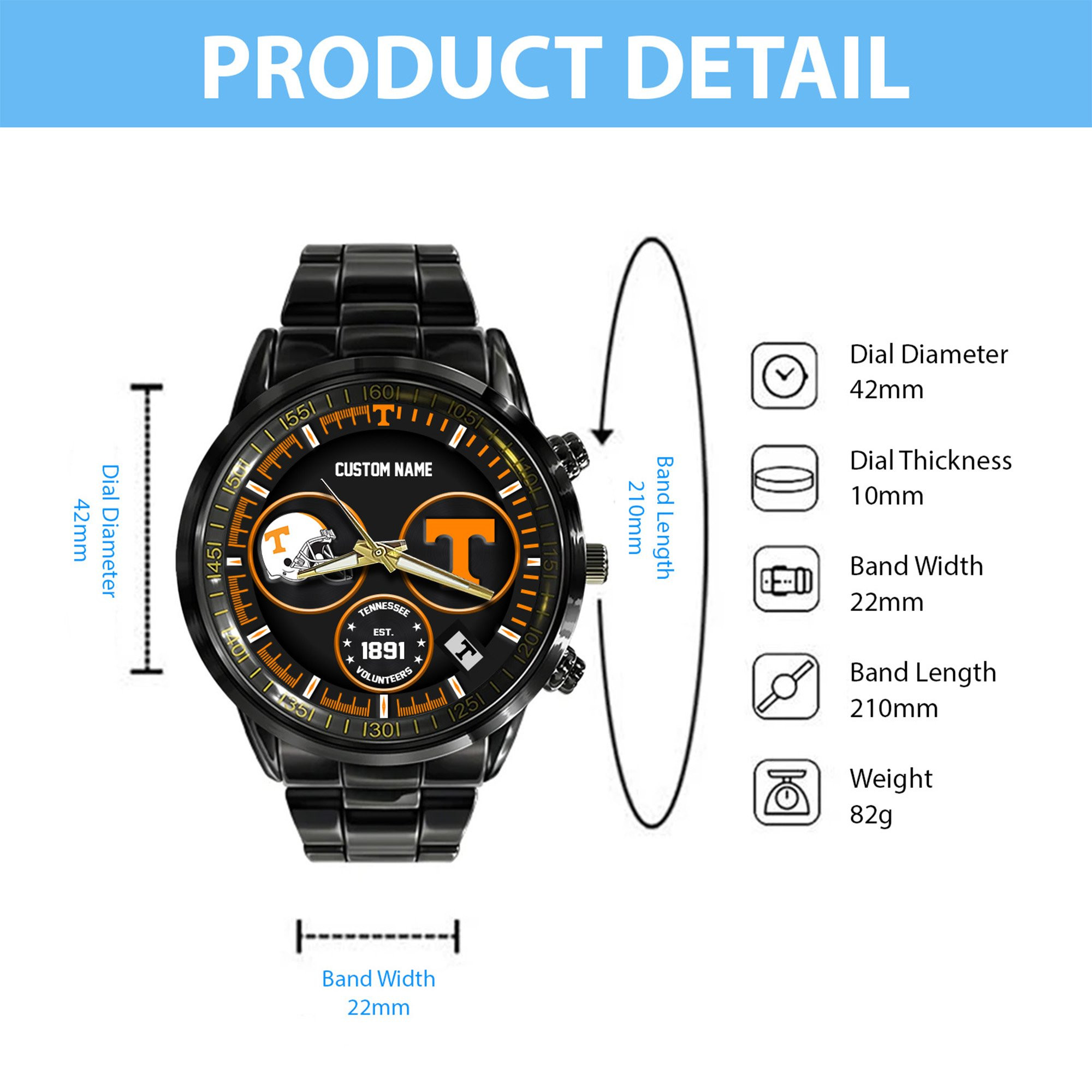 Tennessee Volunteers Black Stainless Steel Watch - Famjoys Tennessee Volunteers Black Stainless Steel Watch - Famjoys