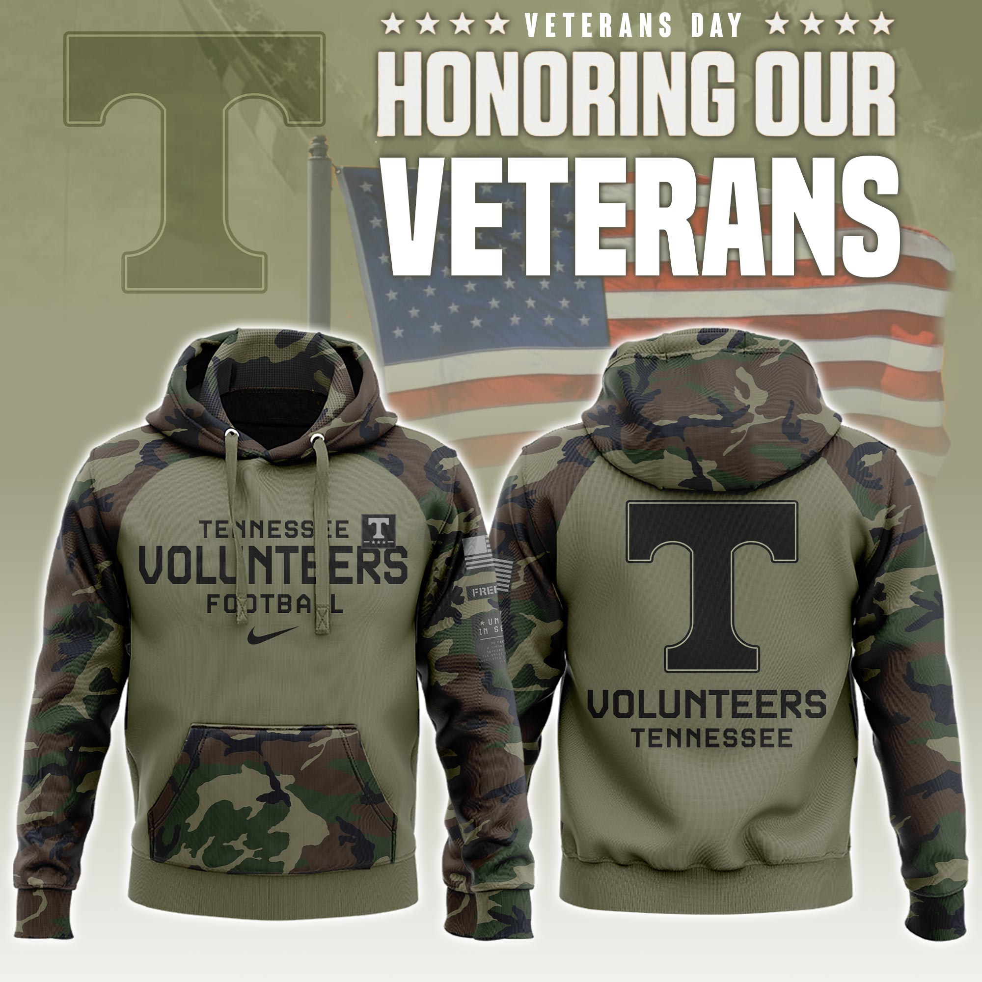 Tennessee Volunteers  Military Appreciation Club Pullover Hoodie Camo