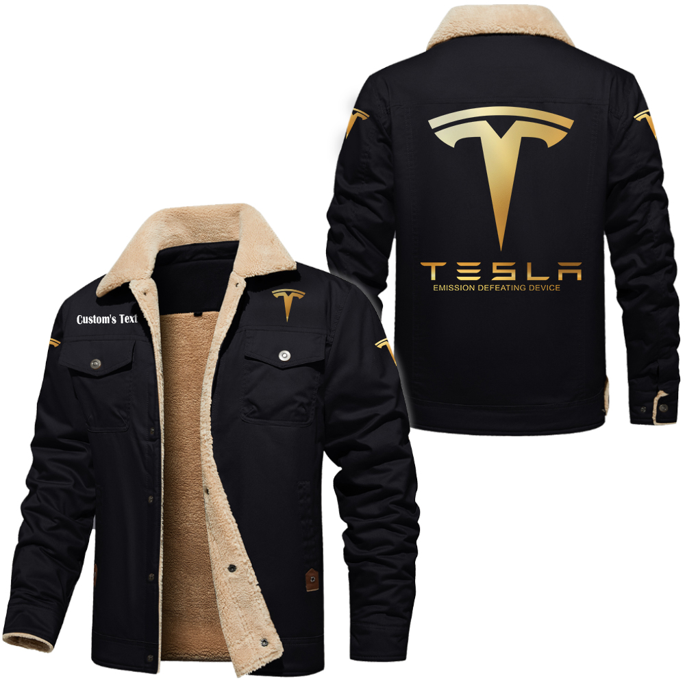 Tesla Motors Golden Logo Cargo Fleece Lined Cotton Jacket Multicolor, vintage style, customize name 