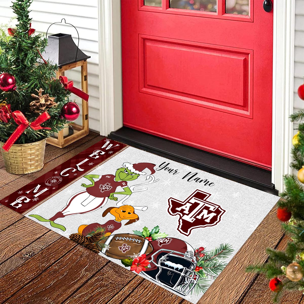 Texas A&M Aggies Grinch Christmas Welcome Football Doormat - Famjoys Texas A&M Aggies Grinch Christmas Welcome Football Doormat - Famjoys