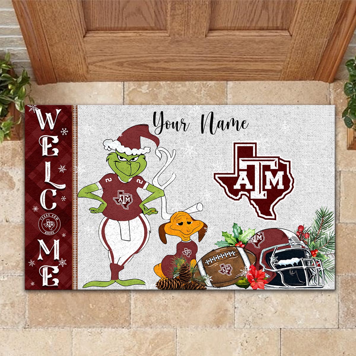 Texas A&M Aggies Grinch Christmas Welcome Football Doormat - Famjoys Texas A&M Aggies Grinch Christmas Welcome Football Doormat - Famjoys