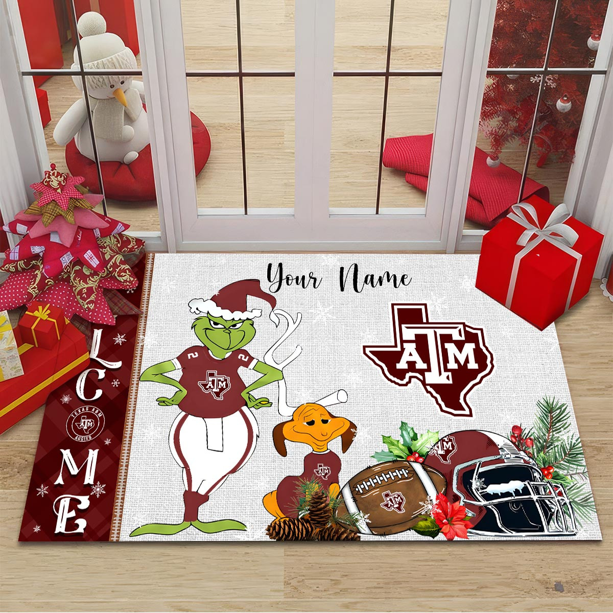 Texas A&M Aggies Grinch Christmas Welcome Football Doormat - Famjoys Texas A&M Aggies Grinch Christmas Welcome Football Doormat - Famjoys