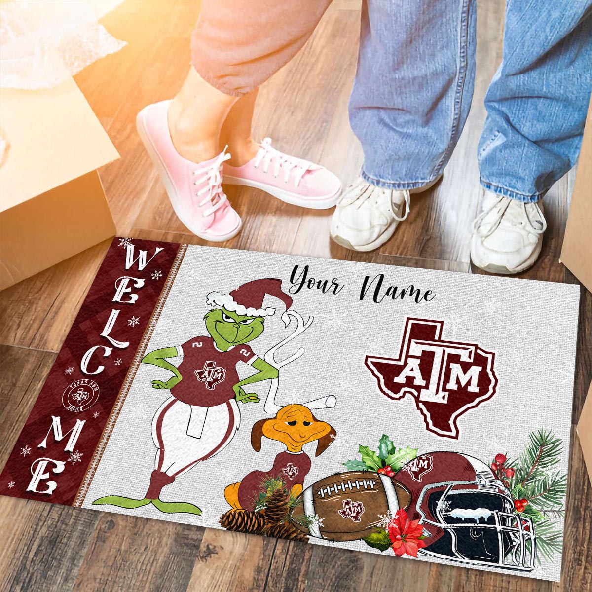 Texas A&M Aggies Grinch Christmas Welcome Football Doormat - Famjoys Texas A&M Aggies Grinch Christmas Welcome Football Doormat - Famjoys