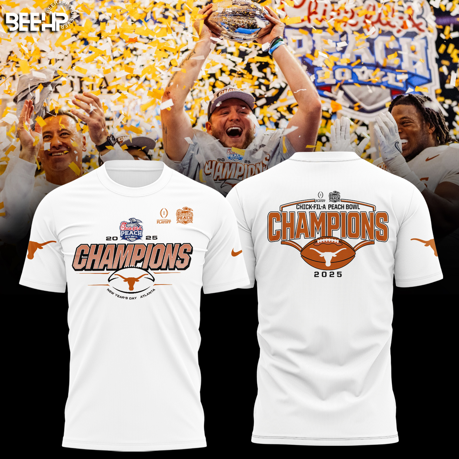 Texas Longhorns College Football Playoff 2025 Peach Bowl Champions Shirt - Famjoys Texas Longhorns College Football Playoff 2025 Peach Bowl Champions Shirt - Famjoys