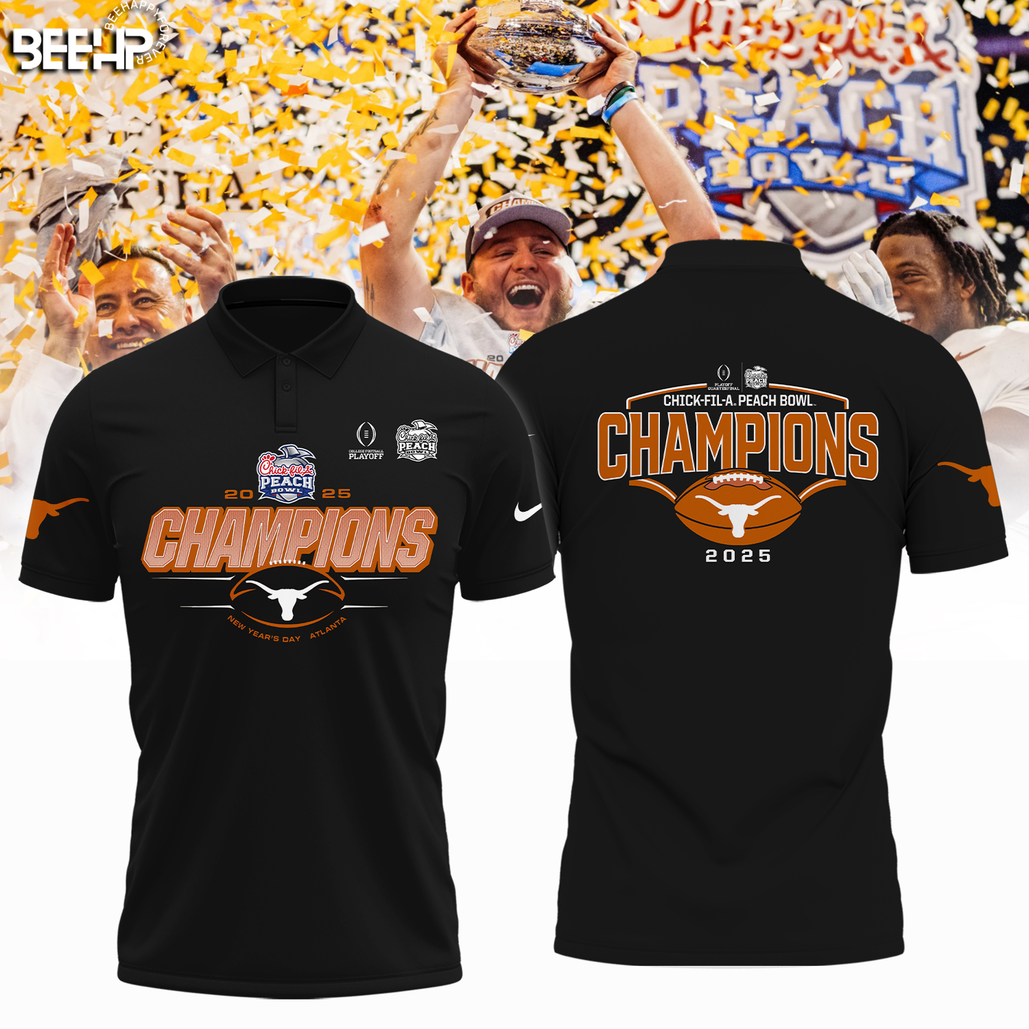 Texas Longhorns College Football Playoff 2025 Peach Bowl Champions Shirt - Famjoys Texas Longhorns College Football Playoff 2025 Peach Bowl Champions Shirt - Famjoys