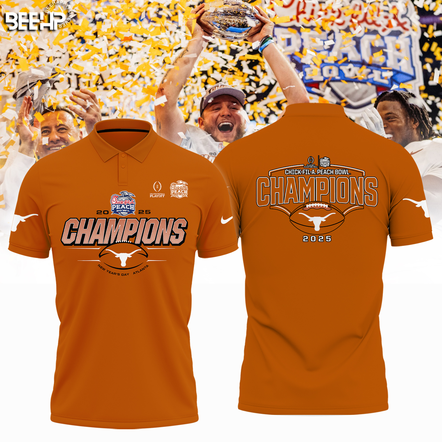 Texas Longhorns College Football Playoff 2025 Peach Bowl Champions Shirt - Famjoys Texas Longhorns College Football Playoff 2025 Peach Bowl Champions Shirt - Famjoys