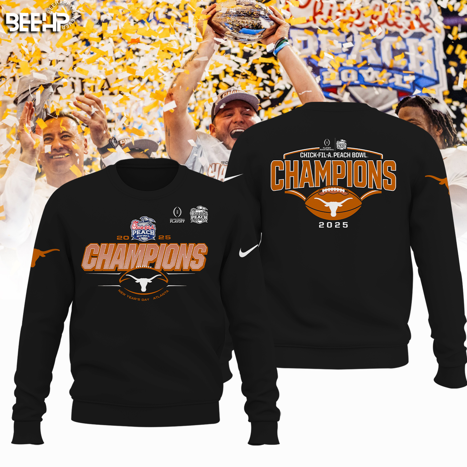 Texas Longhorns College Football Playoff 2025 Peach Bowl Champions Shirt - Famjoys Texas Longhorns College Football Playoff 2025 Peach Bowl Champions Shirt - Famjoys