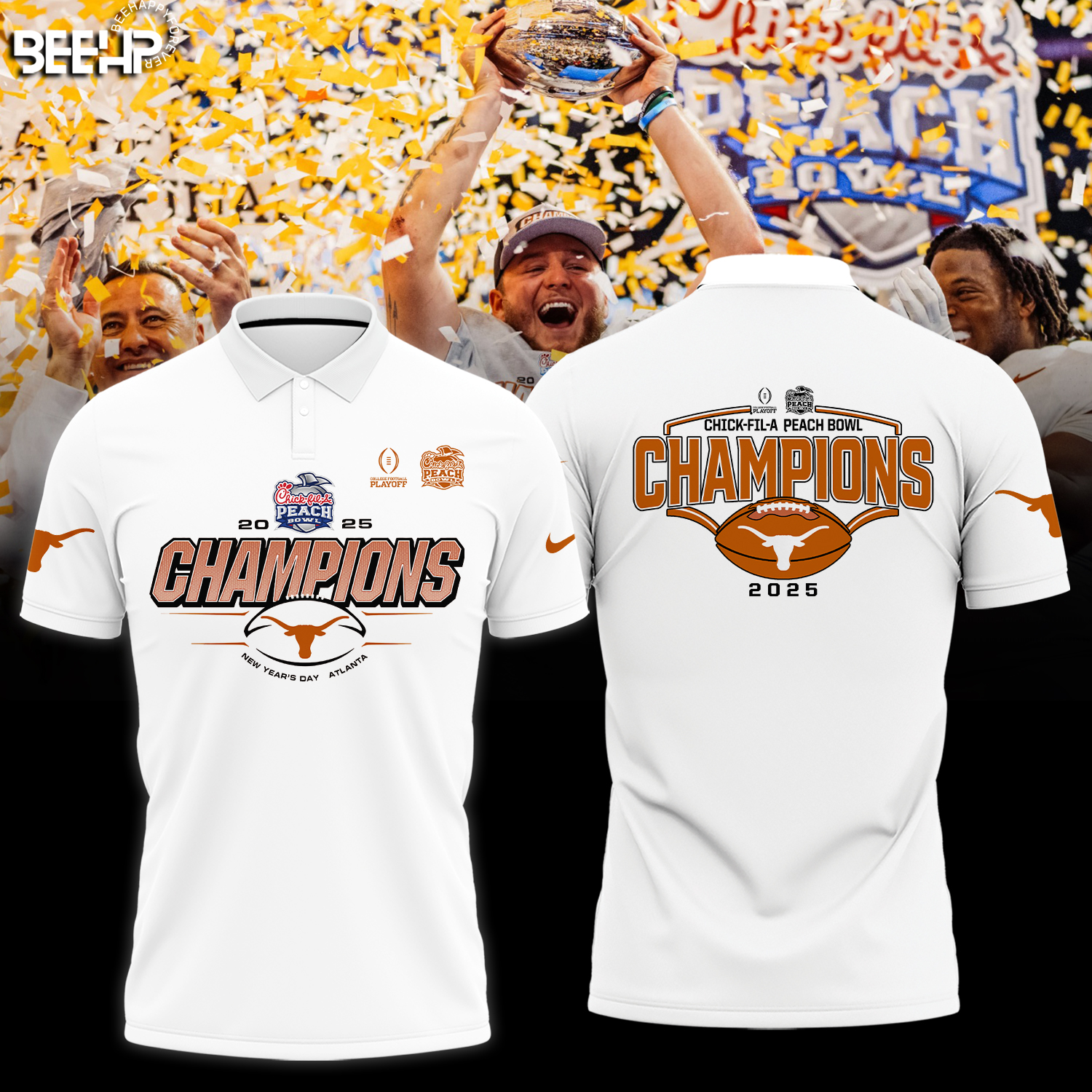 Texas Longhorns College Football Playoff 2025 Peach Bowl Champions Shirt - Famjoys Texas Longhorns College Football Playoff 2025 Peach Bowl Champions Shirt - Famjoys