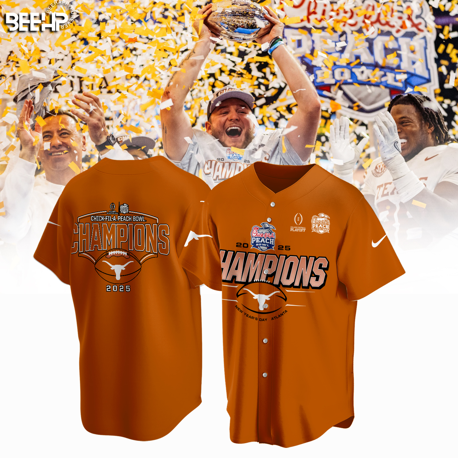 Texas Longhorns College Football Playoff 2025 Peach Bowl Champions Shirt - Famjoys Texas Longhorns College Football Playoff 2025 Peach Bowl Champions Shirt - Famjoys