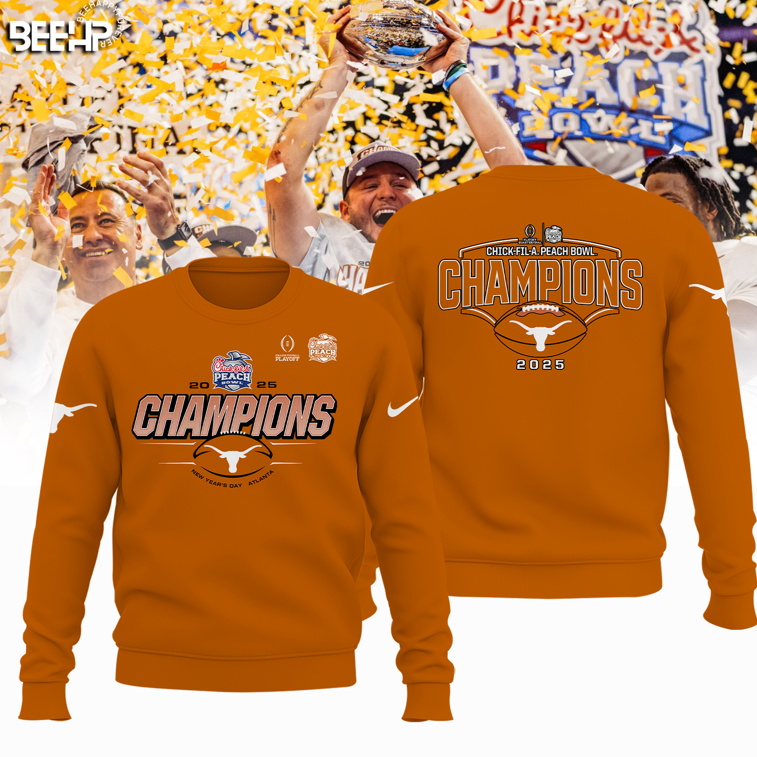 Texas Longhorns College Football Playoff 2025 Peach Bowl Champions Shirt - Famjoys Texas Longhorns College Football Playoff 2025 Peach Bowl Champions Shirt - Famjoys