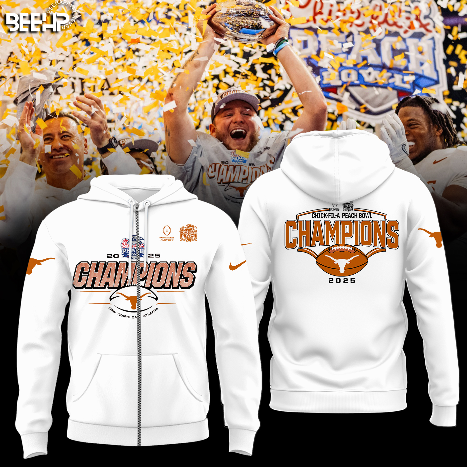 Texas Longhorns College Football Playoff 2025 Peach Bowl Champions Shirt - Famjoys Texas Longhorns College Football Playoff 2025 Peach Bowl Champions Shirt - Famjoys