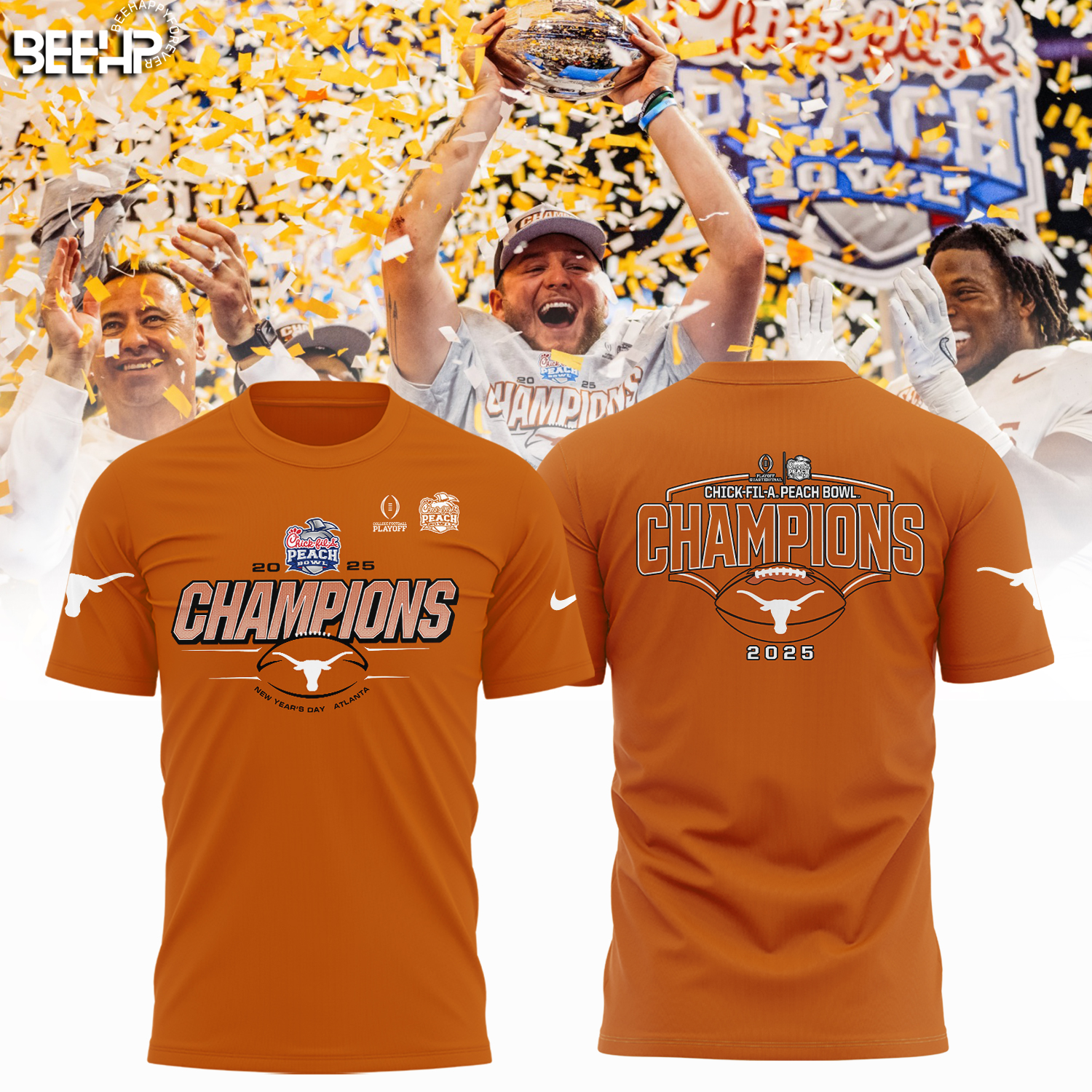 Texas Longhorns College Football Playoff 2025 Peach Bowl Champions Shirt - Famjoys Texas Longhorns College Football Playoff 2025 Peach Bowl Champions Shirt - Famjoys
