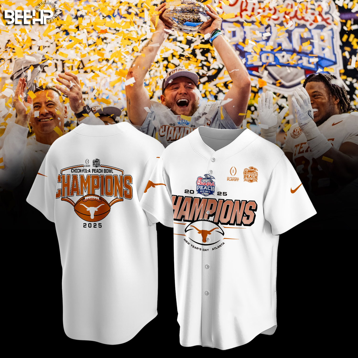 Texas Longhorns College Football Playoff 2025 Peach Bowl Champions Shirt - Famjoys Texas Longhorns College Football Playoff 2025 Peach Bowl Champions Shirt - Famjoys