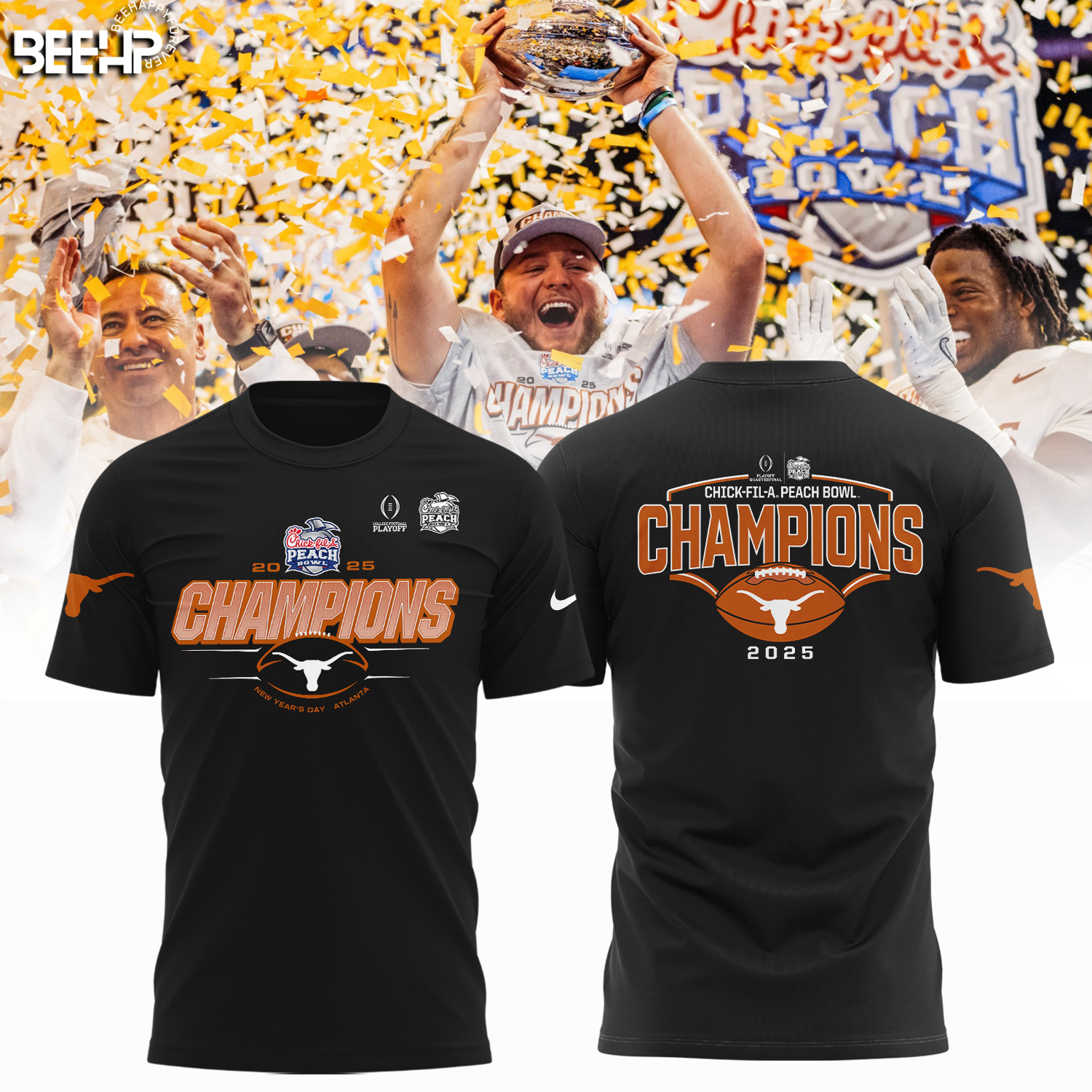 Texas Longhorns College Football Playoff 2025 Peach Bowl Champions Shirt - Famjoys Texas Longhorns College Football Playoff 2025 Peach Bowl Champions Shirt - Famjoys