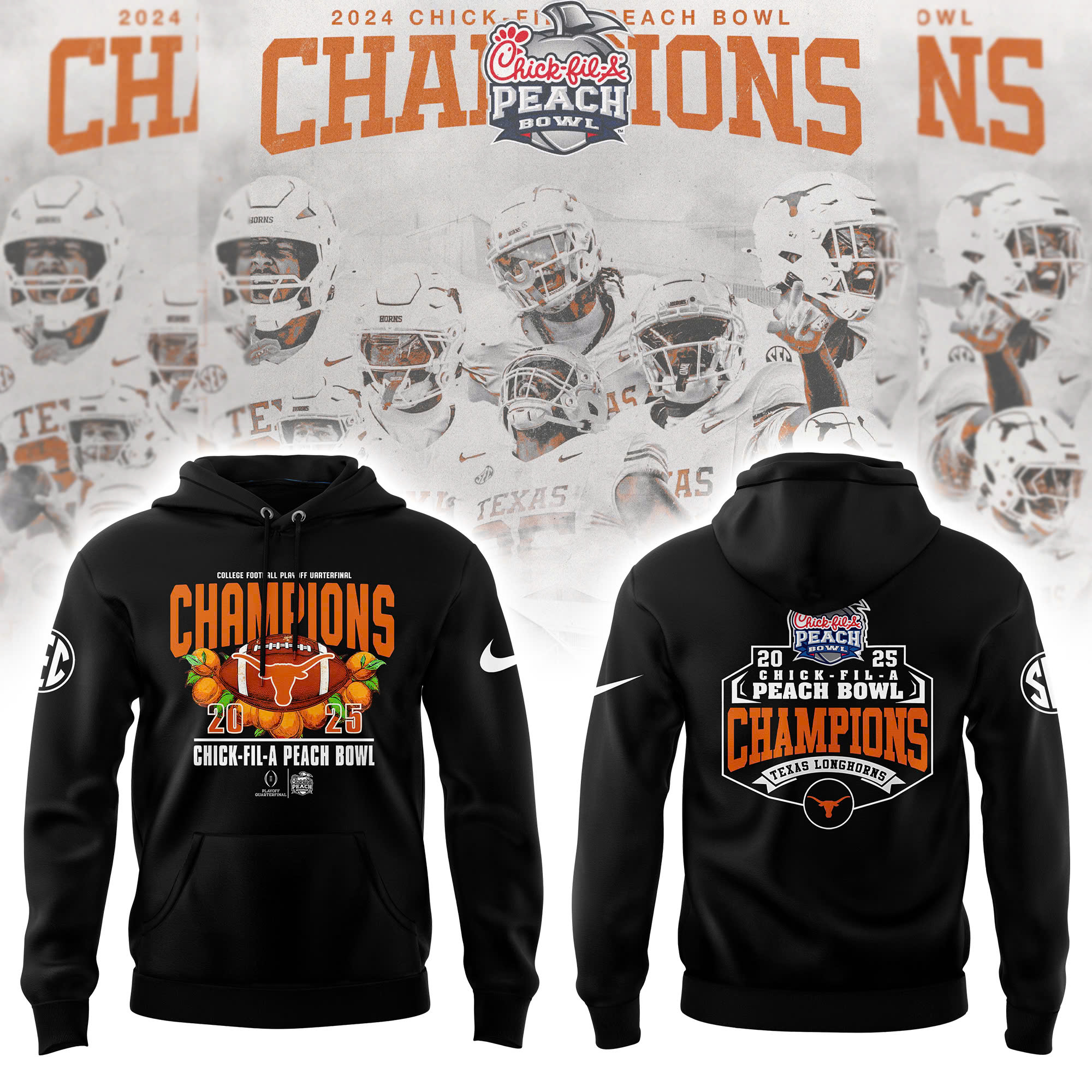Texas Longhorns College Football Playoff 2025 Peach Bowl Champions Victory Hoodie - Famjoys Texas Longhorns College Football Playoff 2025 Peach Bowl Champions Victory Hoodie - Famjoys
