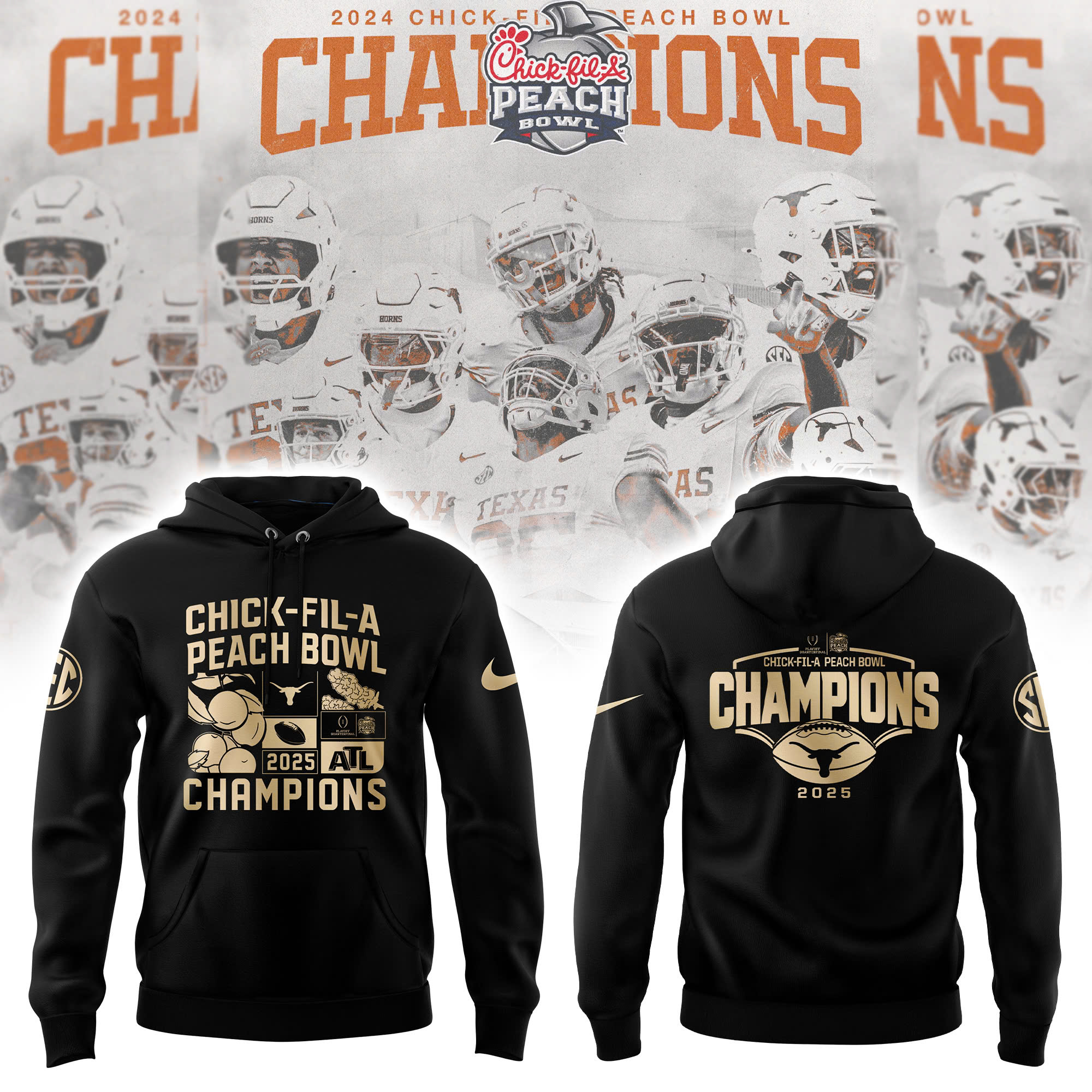 Texas Longhorns College Football Playoff 2025 Peach Bowl Champions Victory Hoodie - Famjoys Texas Longhorns College Football Playoff 2025 Peach Bowl Champions Victory Hoodie - Famjoys
