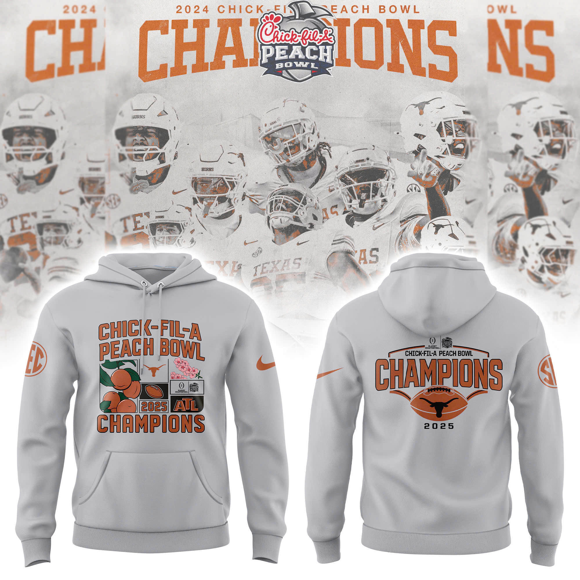 Texas Longhorns College Football Playoff 2025 Peach Bowl Champions Victory Hoodie - Famjoys Texas Longhorns College Football Playoff 2025 Peach Bowl Champions Victory Hoodie - Famjoys
