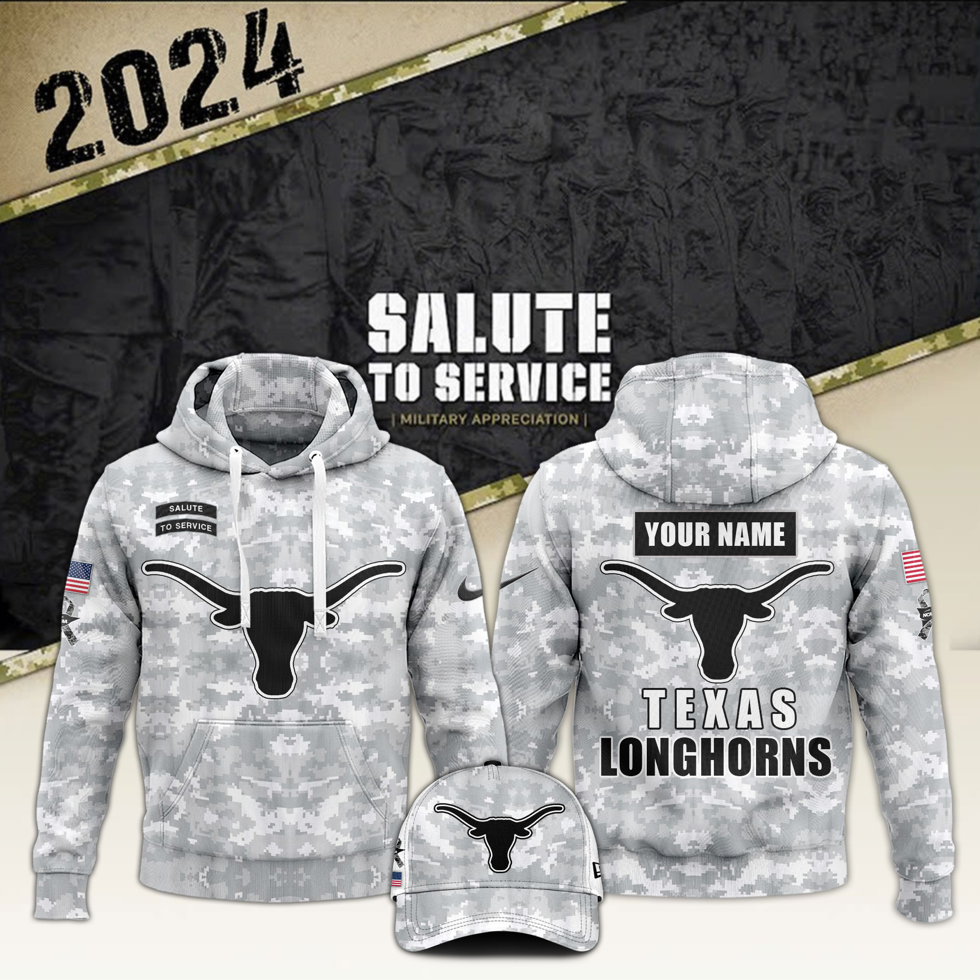 Texas Longhorns Football Arctic Camo Salute to Service Club Hoodie 2024 - Famjoys Texas Longhorns Football Arctic Camo Salute to Service Club Hoodie 2024 - Famjoys