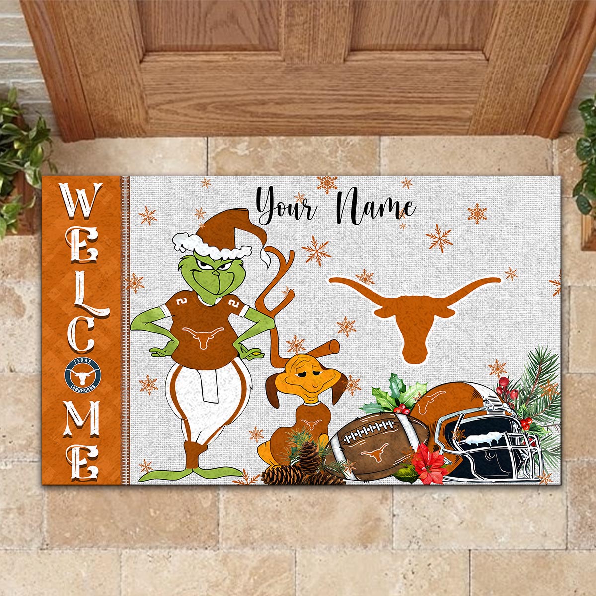 Texas Longhorns Grinch Christmas Welcome Football Doormat - Famjoys Texas Longhorns Grinch Christmas Welcome Football Doormat - Famjoys