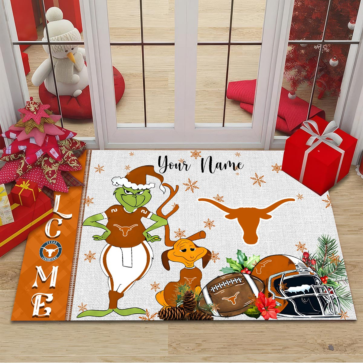 Texas Longhorns Grinch Christmas Welcome Football Doormat - Famjoys Texas Longhorns Grinch Christmas Welcome Football Doormat - Famjoys