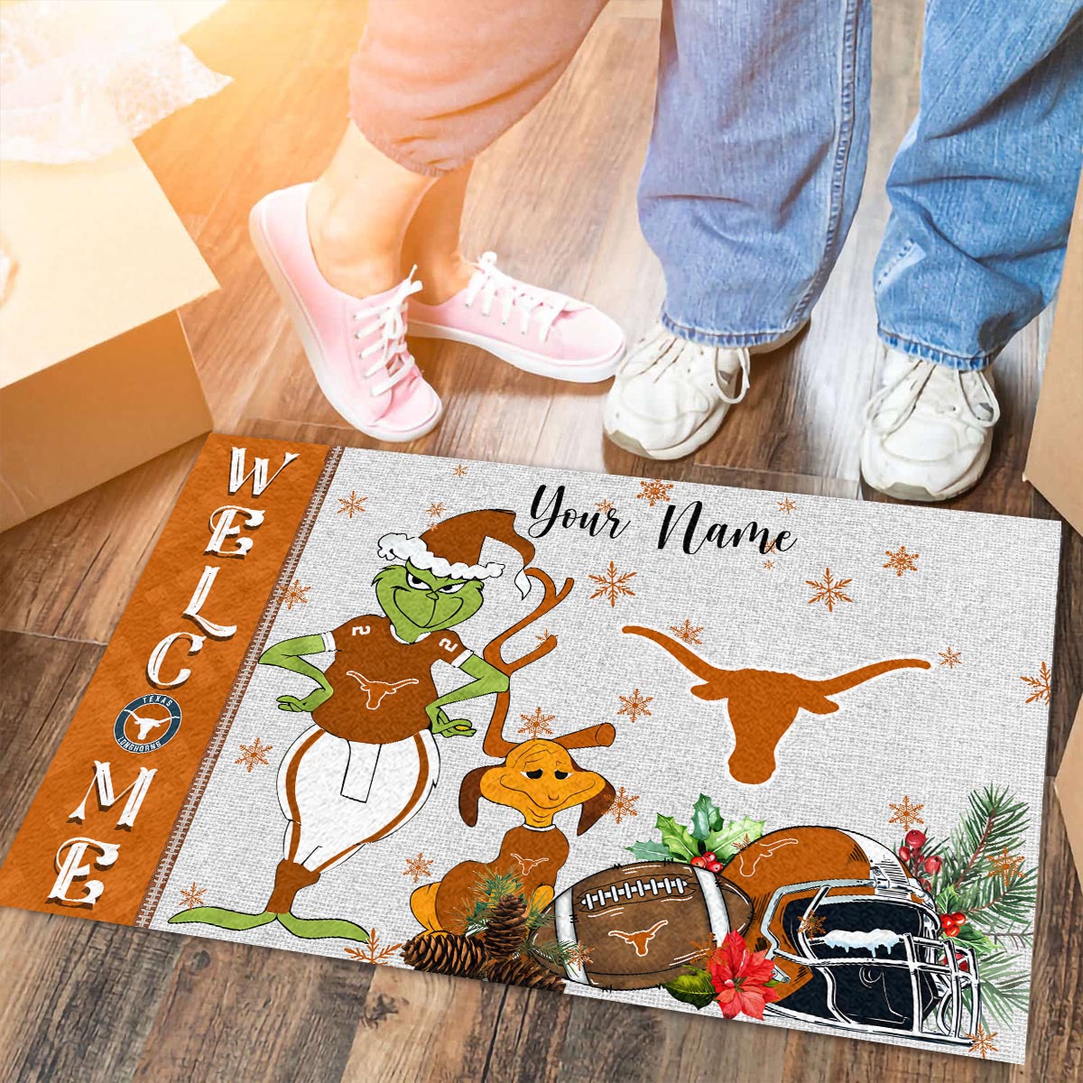 Texas Longhorns Grinch Christmas Welcome Football Doormat - Famjoys Texas Longhorns Grinch Christmas Welcome Football Doormat - Famjoys