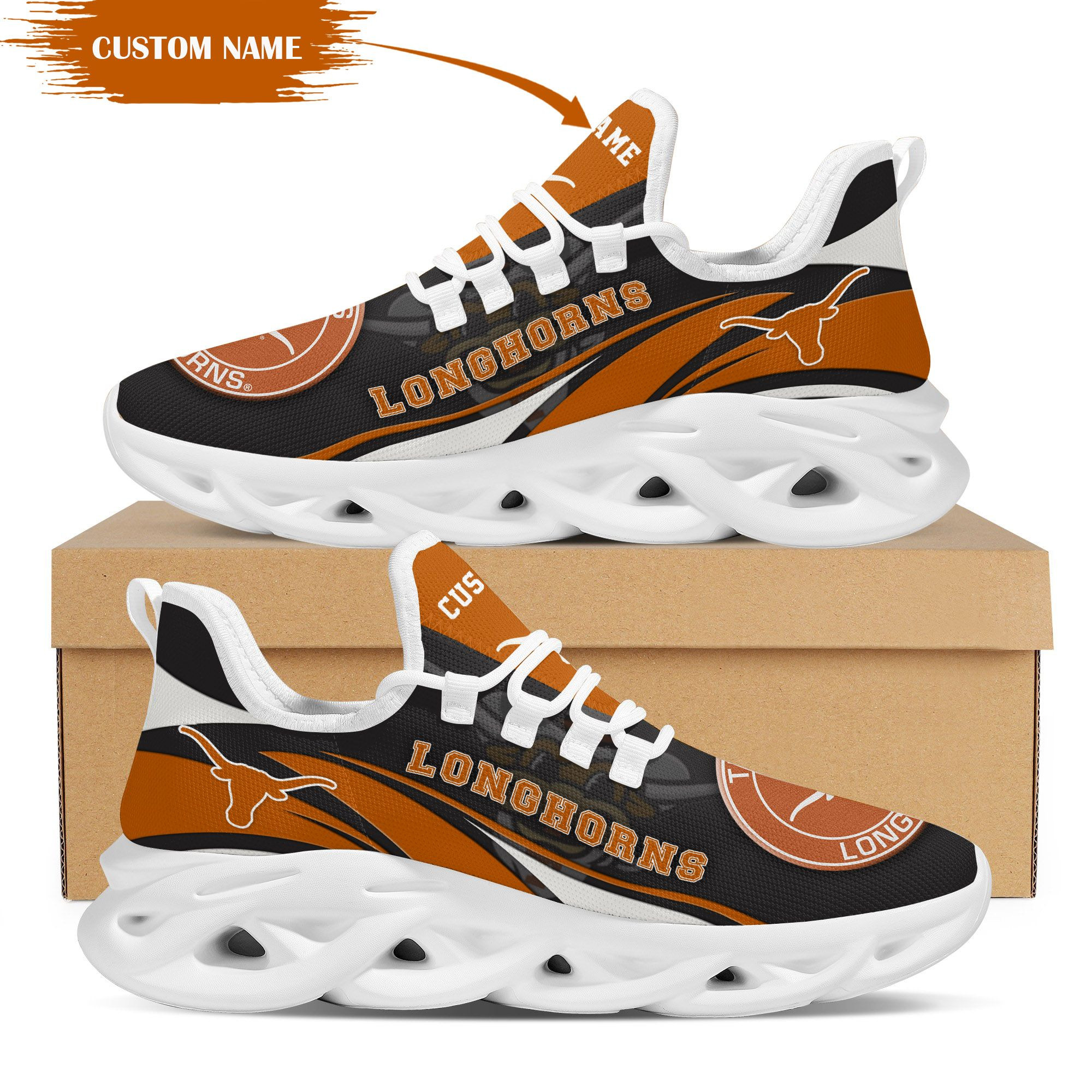 Texas Longhorns Mascot Custom Name Personalized Max Soul Sneakers - Famjoys Texas Longhorns Mascot Custom Name Personalized Max Soul Sneakers - Famjoys