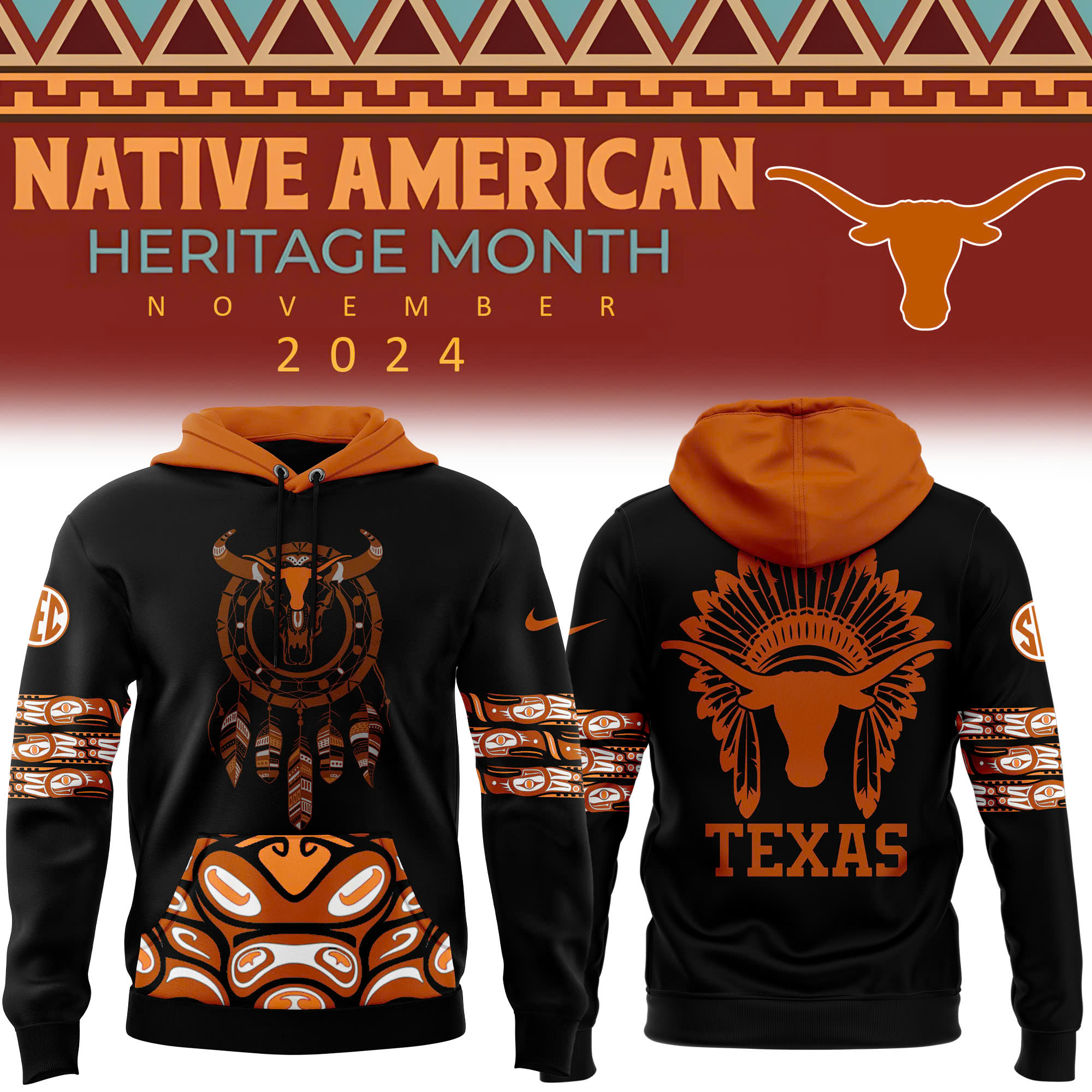 Texas Longhorns Native American Heritage Month Premium Pullover Hoodie - Famjoys Texas Longhorns Native American Heritage Month Premium Pullover Hoodie - Famjoys