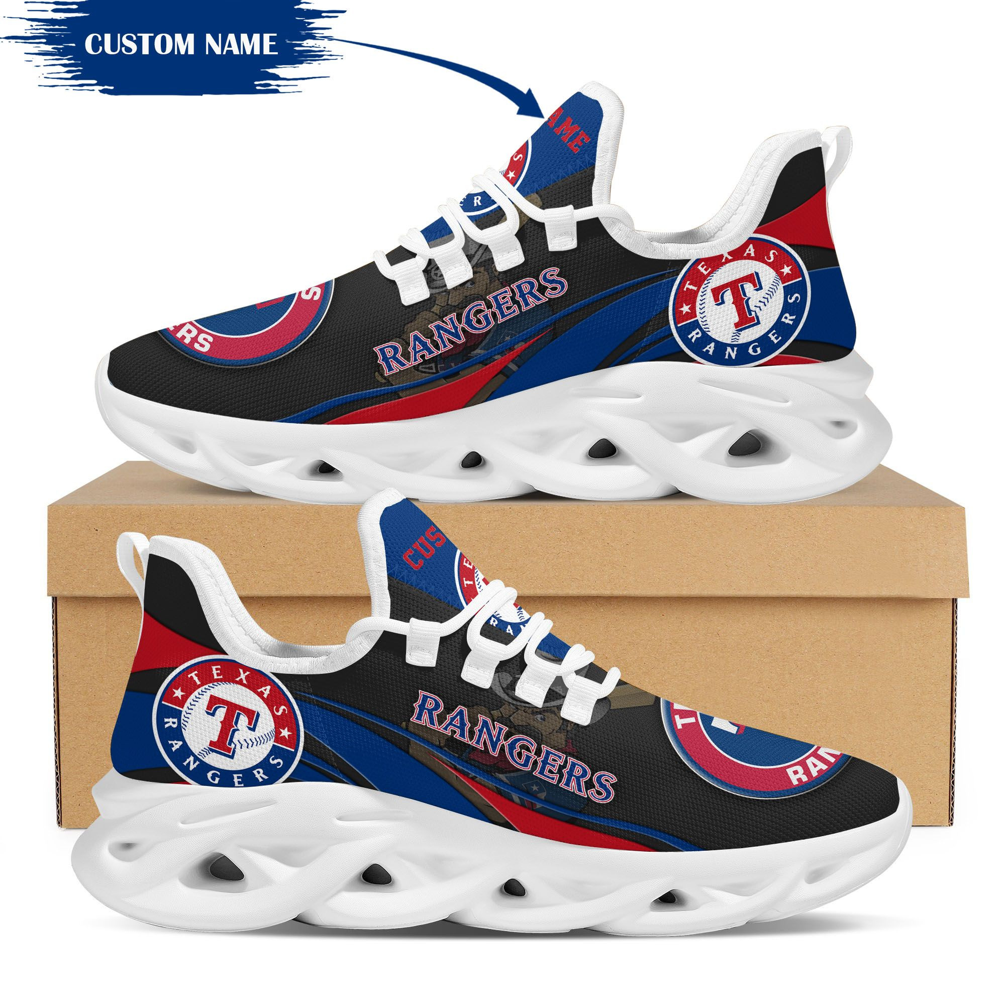 Texas Rangers Mascot Custom Name Personalized Max Soul Sneakers - Famjoys Texas Rangers Mascot Custom Name Personalized Max Soul Sneakers - Famjoys