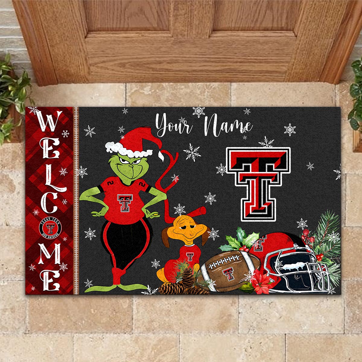 Texas Tech Red Raiders Grinch Christmas Welcome Football Doormat - Famjoys Texas Tech Red Raiders Grinch Christmas Welcome Football Doormat - Famjoys