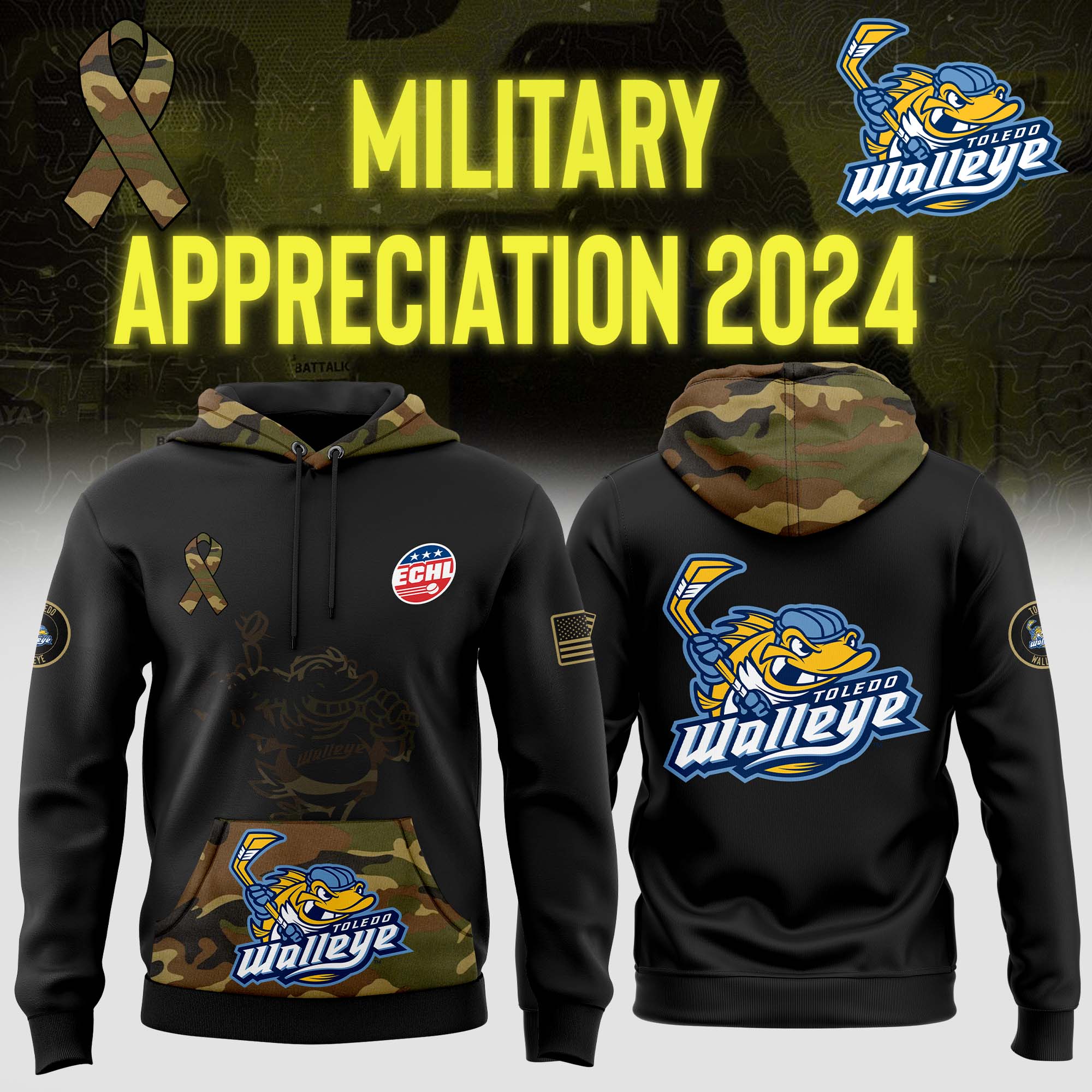 Toledo Walleye Arctic Camo Salute to Service Club Fleece Pullover Hoodie - Famjoys Toledo Walleye Arctic Camo Salute to Service Club Fleece Pullover Hoodie - Famjoys
