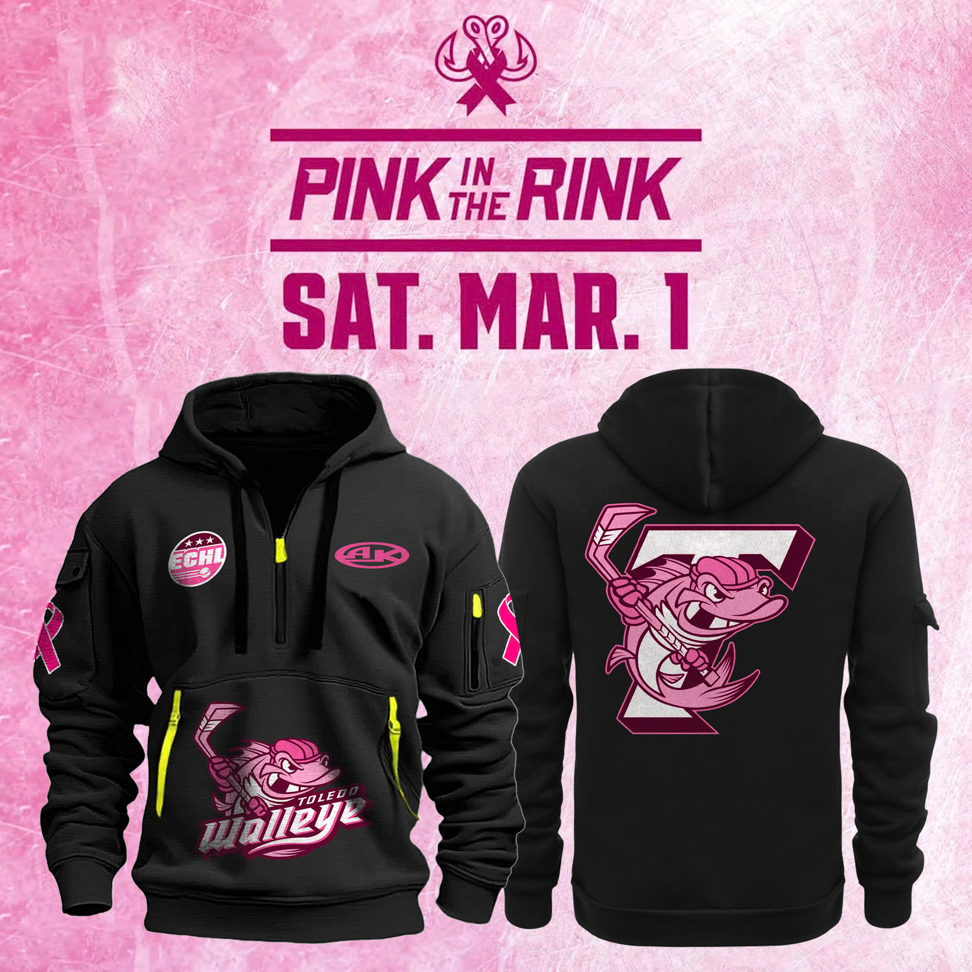 Toledo Walleye x 2025 Pink in the Rink Heavy Hoodie - Famjoys Toledo Walleye x 2025 Pink in the Rink Heavy Hoodie - Famjoys