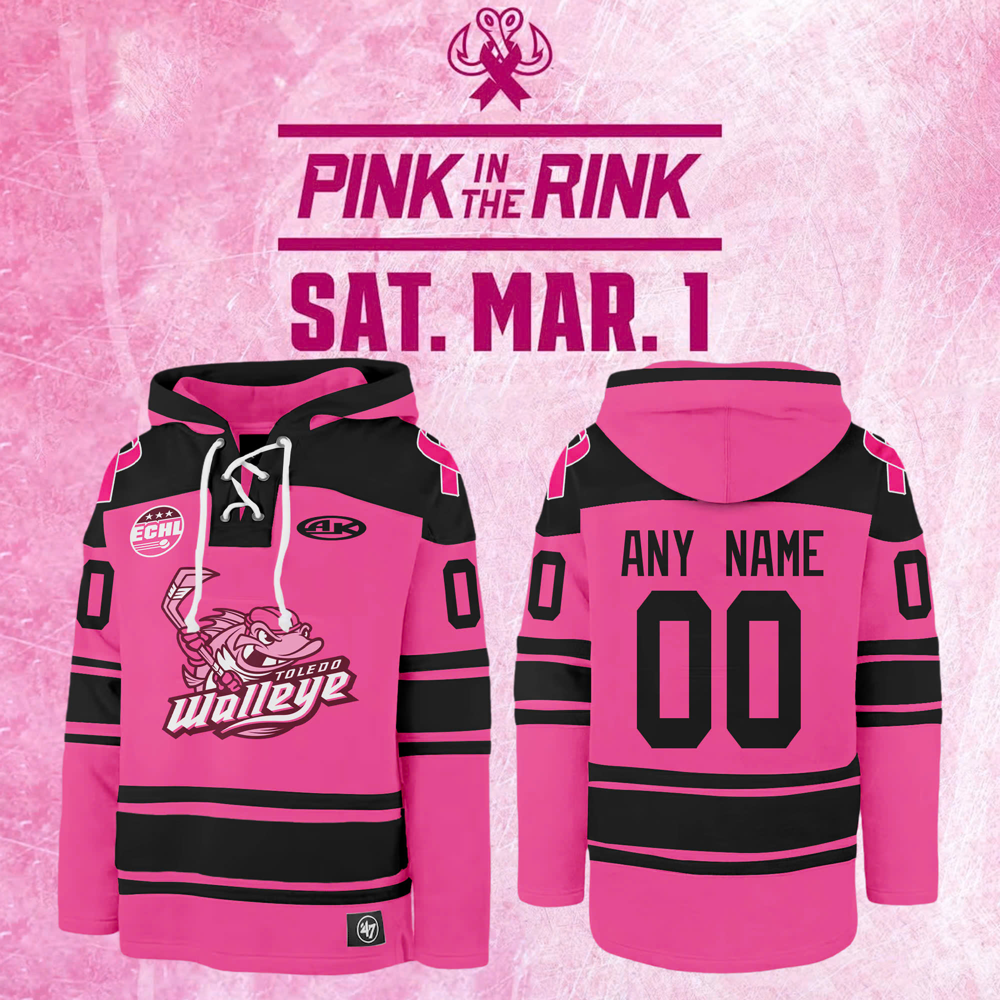 Toledo Walleye x 2025 Pink in the Rink Premium Custom Lace up Hoodie - Famjoys Toledo Walleye x 2025 Pink in the Rink Premium Custom Lace up Hoodie - Famjoys
