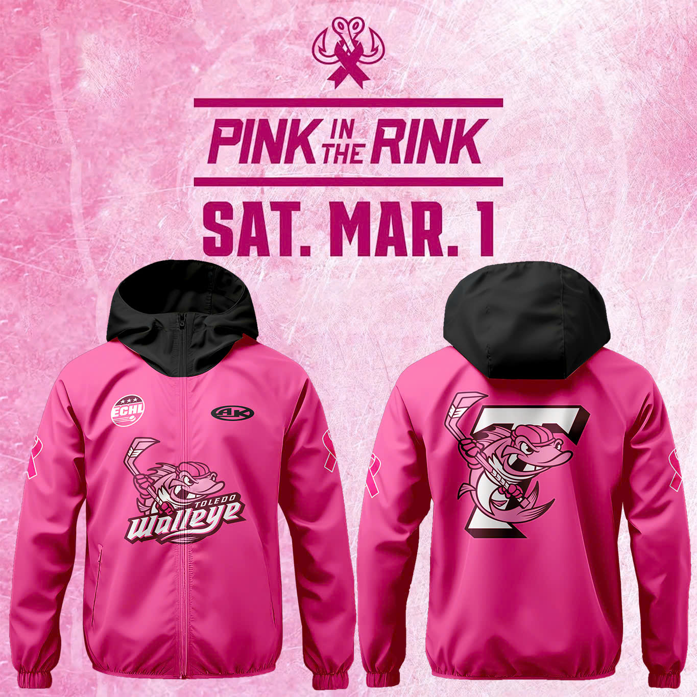 Toledo Walleye x 2025 Pink in the Rink Pullover Wind Jacket - Famjoys Toledo Walleye x 2025 Pink in the Rink Pullover Wind Jacket - Famjoys