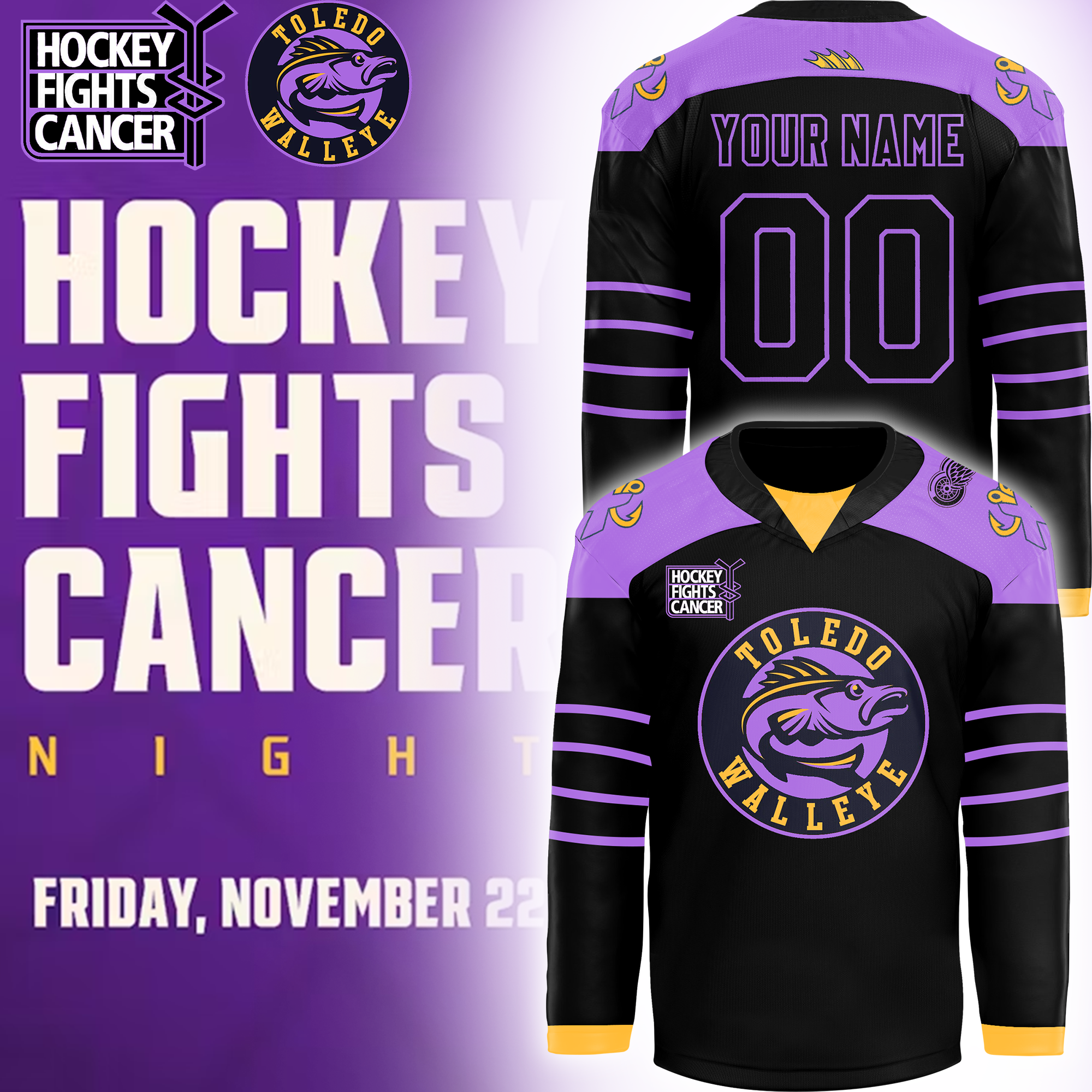 Toledo Walleye x Hockey Fight Cancer Night Custom Jersey - Famjoys Toledo Walleye x Hockey Fight Cancer Night Custom Jersey - Famjoys