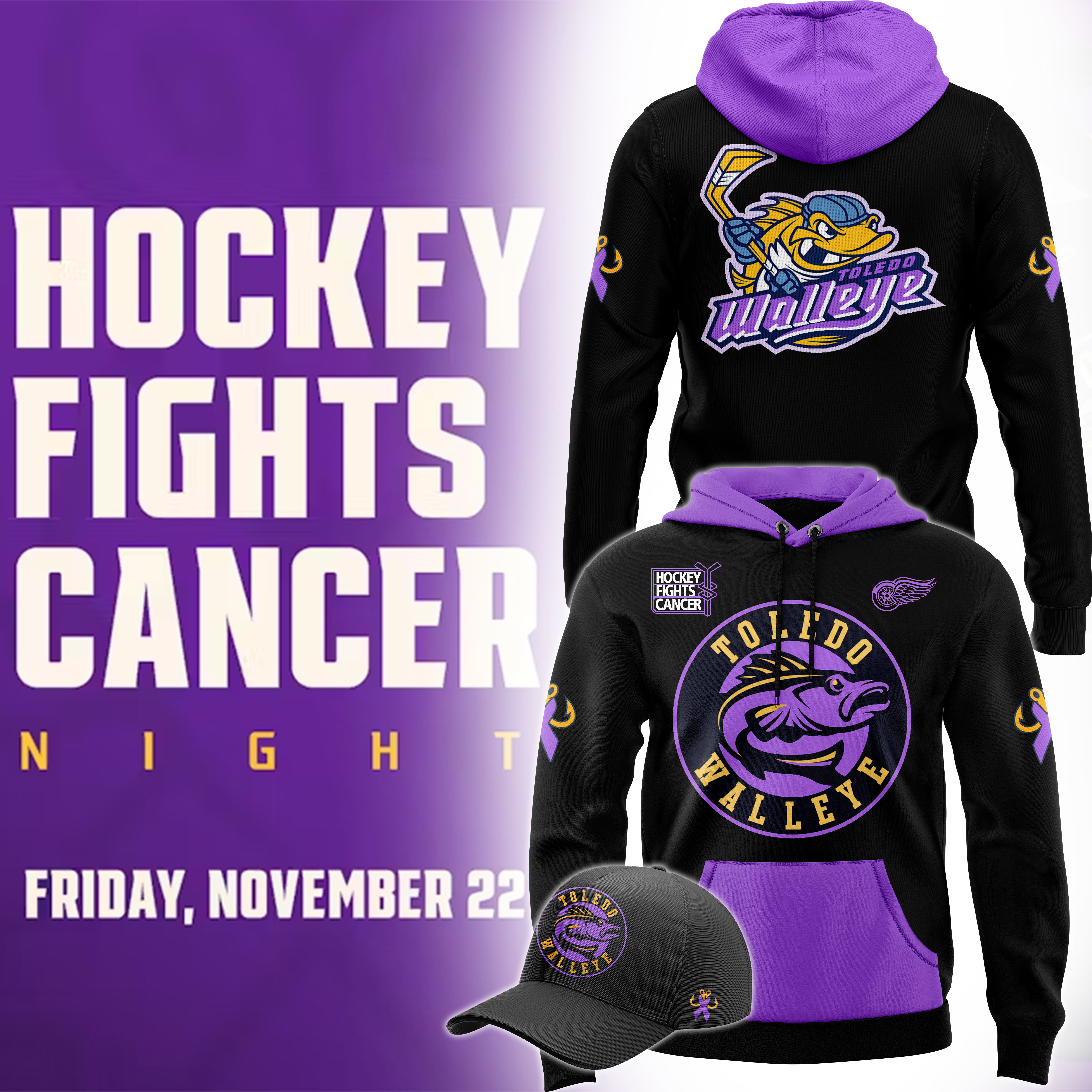 Toledo Walleye x Hockey Fight Cancer Night Hoodie - Famjoys Toledo Walleye x Hockey Fight Cancer Night Hoodie - Famjoys