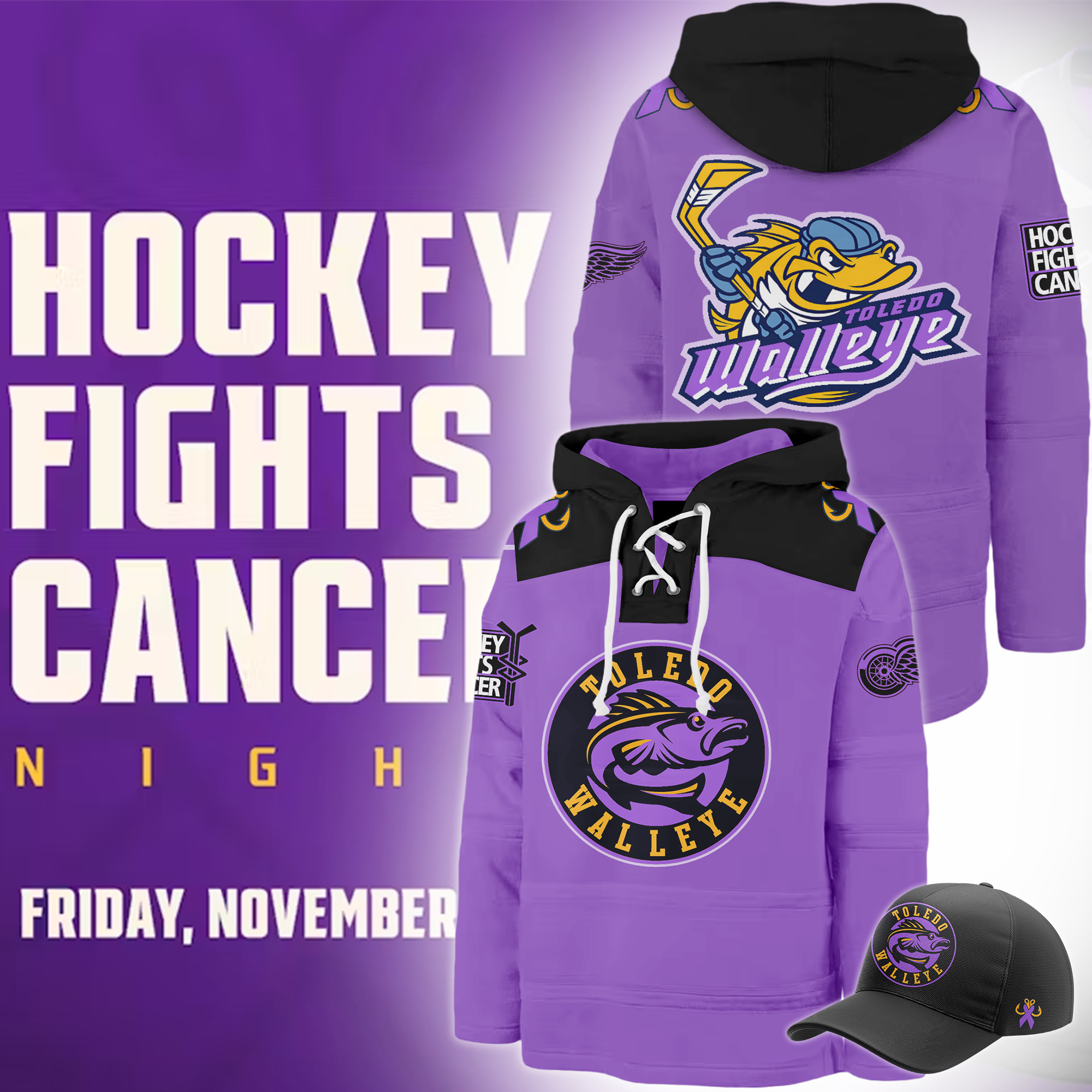 Toledo Walleye x Hockey Fight Cancer Night Lace up Hoodie - Famjoys Toledo Walleye x Hockey Fight Cancer Night Lace up Hoodie - Famjoys
