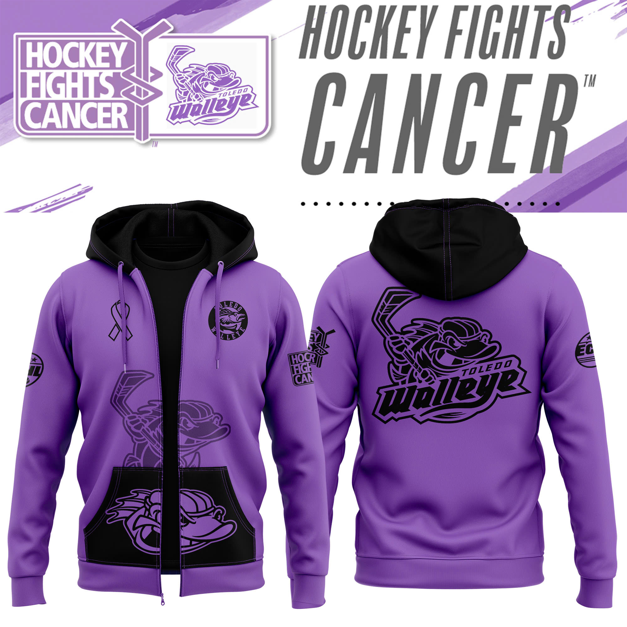 Toledo Walleye x Hockey Fights Cancer Zip Hoodie - Famjoys Toledo Walleye x Hockey Fights Cancer Zip Hoodie - Famjoys